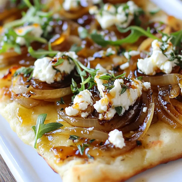 To make the Caramelized Onion Goat Cheese Flatbread, you need these simple items: - 1 store-bought or homemade flatbread - 2 large onions, thinly sliced - 2 tablespoons olive oil - 1 tablespoon balsamic vinegar - 4 ounces goat cheese, crumbled - 1 tablespoon fresh thyme leaves (or 1 teaspoon dried thyme) - Salt and pepper to taste - ½ cup arugula (optional) - Honey for drizzling (optional) If you don’t have something on the list, here are some swaps: - Flatbread: Use naan or pita bread instead. - Onions: Sweet onions work well if you prefer a milder taste. - Olive oil: Try avocado oil for a different flavor. - Goat cheese: Feta cheese gives a nice salty bite. - Thyme: Oregano or rosemary can add a nice twist. - Arugula: Spinach or mixed greens can replace arugula. - Honey: Maple syrup can add sweetness too. To make your meal complete, think about these pairings: - A fresh green salad with lemon vinaigrette. - Roasted vegetables, like carrots or bell peppers. - A light soup, such as tomato basil or minestrone. - A glass of white wine or sparkling water for a refreshing drink. These options will complement your flatbread and enhance your meal experience. Enjoy experimenting with flavors! {{ingredient_image_1}} To start, heat 2 tablespoons of olive oil in a large skillet over medium heat. Once hot, add 2 large onions that you have thinly sliced. Make sure to sprinkle a pinch of salt over them. This helps draw out the moisture. Stir the onions every few minutes. You want them to cook for about 20 to 25 minutes until they turn a lovely golden brown and are soft. After the onions reach that nice color, stir in 1 tablespoon of balsamic vinegar and 1 tablespoon of fresh thyme leaves. If you are using dried thyme, just 1 teaspoon will do. Cook for another 2 to 3 minutes. This adds depth to the flavor. Once done, remove the pan from heat and set the onions aside. Now, let's get the flatbread ready. Preheat your oven to 400°F (200°C). If you have a pizza stone, place it in the oven to heat. If not, a baking sheet works just fine. Take your store-bought or homemade flatbread and place it on the hot baking sheet or stone. Spread your caramelized onion mixture evenly over the flatbread. Next, crumble 4 ounces of goat cheese on top of the onions. Be generous, as goat cheese adds creaminess. Season with salt and pepper to taste to enhance the dish. If you like a bit of a kick, consider adding a pinch of red pepper flakes. Now it’s time to bake! Place the flatbread in the oven and bake for about 10 to 12 minutes. You want it crispy and the cheese to be slightly melted. Keep an eye on it because oven times can vary. Once baked, remove it from the oven. If you want to add some freshness, top it with ½ cup of arugula. A light drizzle of honey adds a sweet touch if you like. Slice it into pieces and serve warm. This flatbread is perfect as a starter or a light meal. Enjoy! To get the best caramelized onions, take your time. Start with medium heat and keep stirring. Thinly slice your onions for even cooking. Add a pinch of salt early. This helps draw out moisture. Cook for about 20-25 minutes. You want them golden brown and soft. If they start to stick, add a splash of water. This keeps them from burning. Stir in balsamic vinegar for a sweet touch. Finish with fresh thyme for a pop of flavor. For a crispy flatbread, preheat your oven to 400°F (200°C). Use a pizza stone or baking sheet for even heat. Spread the caramelized onion mix evenly. Crumble goat cheese on top, but don’t overload it. This keeps the flatbread light. Bake for 10-12 minutes until crisp. Watch it closely so it doesn't burn. A golden-brown crust means you’ve nailed it. If you have leftovers, store them in an airtight container. Place parchment paper between layers to avoid sogginess. The flatbread is best eaten fresh, but you can freeze it. Wrap it tightly in plastic wrap, then foil. When ready to eat, thaw in the fridge overnight. Reheat in the oven for the best texture. About 10-15 minutes at 350°F (175°C) should do the trick. Pro Tips Perfectly Caramelized Onions: Make sure to cook the onions slowly over medium heat. This allows the natural sugars to caramelize without burning, resulting in a rich, sweet flavor. Choosing the Right Flatbread: For best results, opt for a flatbread that is thick enough to hold toppings without becoming soggy, yet thin enough to bake crispy. Herb Substitution: If fresh thyme isn’t available, feel free to use other herbs like rosemary or oregano to complement the flavors of the goat cheese and onions. Serving Suggestions: This flatbread pairs beautifully with a glass of white wine or a light salad, enhancing the overall dining experience. {{image_2}} You can make your flatbread even better with fun add-ins. Try adding sliced mushrooms for some earthiness. They pair well with the sweet onions. You can also add roasted red peppers for a pop of color and taste. If you like a little heat, sprinkle some red pepper flakes on top. Fresh herbs like basil or parsley can brighten each bite too. While goat cheese is tasty, you can switch it up. Feta cheese brings a salty kick. For a creamy touch, use ricotta cheese. If you want a stronger flavor, try blue cheese. Each cheese changes the flatbread’s taste. You can also use different flatbreads. Whole wheat or gluten-free options work great. Just pick what you like best. Change your flatbread with the seasons. In spring, add fresh asparagus and peas. They bring a light, fresh taste. In summer, use fresh tomatoes and basil for a caprese twist. For fall, add roasted squash and sage for warmth. Winter calls for some spinach and artichokes to keep things cozy. Each season can bring new flavors to your flatbread. To store flatbread, let it cool completely first. Then, wrap it tightly in plastic wrap. You can also use aluminum foil or place it in an airtight container. Keep it in the fridge if you plan to eat it within a few days. This helps keep the flatbread fresh and tasty. If you want to save flatbread for later, freezing is a great option. Wrap it in plastic wrap and then in foil. Place it in a freezer bag and remove as much air as possible. You can freeze the flatbread for up to three months. When you’re ready to use it, let it thaw in the fridge overnight. Then, warm it in the oven before serving. Flatbread lasts about three to four days in the fridge. For the best taste, eat it within this time. If you freeze it, try to use it within three months for the best flavor and texture. After that, it may lose quality. Always check for any signs of spoilage before eating. To caramelize onions fast, use high heat and thin slices. Heat olive oil in a skillet. Add onions with a pinch of salt. Stir often for about 10-15 minutes. This speeds up the process but watch for burning. You want them soft and brown, not charred. Yes, you can prepare the flatbread ahead. Caramelize the onions and store them in the fridge. You can also pre-bake the flatbread for about 5 minutes. When ready to serve, add the onions and cheese, then bake again. This saves time when you have guests. If you don’t have goat cheese, try feta or ricotta. Cream cheese also works well for a different taste. For a dairy-free option, use cashew cheese. Each option gives a unique flavor to the flatbread. We explored the key ingredients for your flatbread, including substitutions and pairings. I shared step-by-step instructions for preparing caramelized onions and assembling your flatbread. Tips and tricks helped you perfect the technique and store leftovers. We also looked at fun variations for every season. In the end, flatbread is easy and fun to make. Enjoy the process, and don’t be afraid to experiment!
