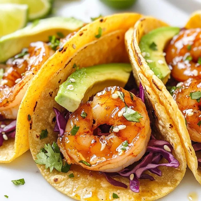 To make these tacos, gather the following main ingredients: - 1 lb shrimp, peeled and deveined - 1/4 cup honey - 2 tablespoons soy sauce - 3 cloves garlic, minced - 1 tablespoon fresh ginger, grated - 1 tablespoon lime juice - 1 tablespoon olive oil - 8 small corn tortillas - 1 cup red cabbage, thinly sliced - 1 avocado, sliced - 1/4 cup fresh cilantro, chopped - Lime wedges for serving - Salt and pepper to taste These ingredients come together to create a sweet and savory flavor. The shrimp soak up the honey and soy sauce, making each bite delicious. You can enhance your tacos with these tasty toppings: - Sliced jalapeños for heat - Sour cream for creaminess - Crumbled queso for a cheesy touch - Fresh lime juice for extra zing Each topping adds a unique twist to the dish. Feel free to mix and match based on your taste. To prepare these tacos, you will need the following tools: - Medium bowl for mixing the marinade - Large skillet for cooking shrimp - Whisk for blending ingredients - Tongs for flipping shrimp - Cutting board and knife for slicing - Serving platter for tacos Having these tools ready will make the cooking process smooth and easy. Enjoy your time in the kitchen! {{ingredient_image_1}} To start, grab a medium bowl. In this bowl, whisk together the following: - 1/4 cup honey - 2 tablespoons soy sauce - 3 cloves garlic, minced - 1 tablespoon fresh ginger, grated - 1 tablespoon lime juice - 1 tablespoon olive oil - A pinch of salt and pepper Mix these ingredients well. This marinade brings the sweet and savory flavors to the shrimp. Next, add 1 pound of peeled and deveined shrimp to the marinade. Toss the shrimp gently to coat them well. Let the shrimp sit in the marinade for about 15 to 20 minutes. This step is key. It allows the shrimp to soak in all those tasty flavors. Now, heat a large skillet over medium heat. Once hot, add the marinated shrimp. Cook the shrimp for 2 to 3 minutes on each side. They should turn pink and opaque. This shows they are cooked perfectly. While the shrimp cooks, warm 8 small corn tortillas in another skillet. You can also warm them over a stovetop flame for a few seconds on each side until soft and pliable. Time to build your tacos! Place a few shrimp on each warmed tortilla. Top them with sliced avocado, shredded red cabbage, and a sprinkle of fresh cilantro. For an extra kick, serve with lime wedges on the side. Squeeze some lime juice over the tacos before eating for a burst of freshness. Enjoy every bite! To get the best shrimp, use fresh shrimp. Good shrimp cooks fast. I cook them for only 2-3 minutes on each side. They turn pink and opaque when done. Overcooked shrimp become rubbery. Watch them closely as they cook. If you buy frozen shrimp, remember to thaw them before cooking. Thaw them in the fridge overnight or under cold water for 30 minutes. Fresh tortillas make a big difference. For the best taste, warm corn tortillas before using. Heat them in a skillet over medium heat. Cook each side for 10-15 seconds. You can also warm them directly over the stove flame. Just make sure to flip them quickly. Soft, warm tortillas hold the shrimp and toppings well. You can change the flavors in many ways. Try adding chili powder or cayenne for heat. For a bit of crunch, include diced peppers or radishes. If you love citrus, add more lime juice or zest. Want a creamier touch? Use sour cream or Greek yogurt on top. You can also swap shrimp for chicken or tofu. These changes keep the dish exciting. Pro Tips Marinate for Maximum Flavor: Allow the shrimp to marinate for at least 20 minutes, but not more than 30 minutes, to ensure they absorb the sweet and savory flavors without becoming mushy. Perfect Tortilla Heating: Heat the tortillas just until pliable to prevent them from cracking. Use a skillet or tongs over an open flame for a smoky flavor. Fresh Ingredients Matter: Use fresh cilantro and lime for garnish, as they brighten the dish and enhance the flavors, making your tacos even more delicious. Customize Your Toppings: Feel free to add other toppings like diced tomatoes, jalapeños, or sour cream to cater to your taste preferences and add variety. {{image_2}} You can swap shrimp for other proteins. Chicken works great with the same marinade. Just make sure to cook it well. Fish like tilapia or salmon also adds nice flavor. For a fun twist, try using pork. It absorbs the honey garlic taste well. If you prefer a meat-free meal, consider tofu or tempeh. Both soak up flavors nicely. You can marinate them just like the shrimp. Another option is black beans. They are filling and nutritious. Top with avocado and cabbage for a tasty taco. You can change the marinade for new tastes. Add sriracha for heat or lime zest for brightness. Consider using coconut aminos instead of soy sauce for a sweeter note. You could even try adding spices like cumin or smoked paprika. These will give your tacos a unique twist. To store leftover tacos, first, remove the shrimp and toppings from the tortillas. This keeps the tortillas from getting soggy. Place the shrimp and toppings in separate airtight containers. You can keep them in the fridge for up to two days. Always label the containers with the date. This way, you won’t forget about them. When you’re ready to enjoy the leftovers, reheat the shrimp in a skillet. Heat it over medium heat for about 2-3 minutes. Stir often so it warms evenly. You can also reheat the tortillas. Place them in a skillet on low heat for about 30 seconds on each side. This brings back their soft texture. If you have extra shrimp or toppings, you can freeze them. Place the shrimp in a freezer bag. Squeeze out the air before sealing. This keeps them fresh for up to three months. For toppings like cabbage or cilantro, chop and freeze them in small bags. When you are ready to use them, just thaw in the fridge overnight. Use them quickly for the best taste. To add heat to your tacos, try adding diced jalapeños or a splash of hot sauce. You can also mix in red pepper flakes with the marinade. Another great option is to use spicy garlic sauce instead of regular soy sauce. This will give your shrimp a nice kick while keeping the sweet flavor from the honey. Yes, you can use frozen shrimp! Just make sure to thaw them before cooking. Place the shrimp in cold water for about 15 minutes to defrost them. After thawing, pat them dry with a towel. This will help the shrimp absorb more of the marinade and cook evenly. Several sides go well with these tacos. You can serve them with a fresh salad or a side of rice. Black beans or corn salsa will also add flavor and color to your meal. For extra crunch, try serving tortilla chips with guacamole or salsa. Cook shrimp until they turn pink and opaque. This usually takes about 2-3 minutes on each side. Be careful not to overcook them, as they may become tough. To check for doneness, cut one shrimp in half. If it is fully opaque inside, it's ready to serve! You learned how to make tasty honey garlic shrimp tacos. We covered key ingredients, from shrimp to toppings. I shared step-by-step instructions for cooking and assembling. Tips helped you improve flavor and freshness. Try different proteins or vegetarian options for fun twists. Proper storage ensures you enjoy leftovers later. Remember, cooking shrimp just right makes the dish shine. Enjoy your taco night!