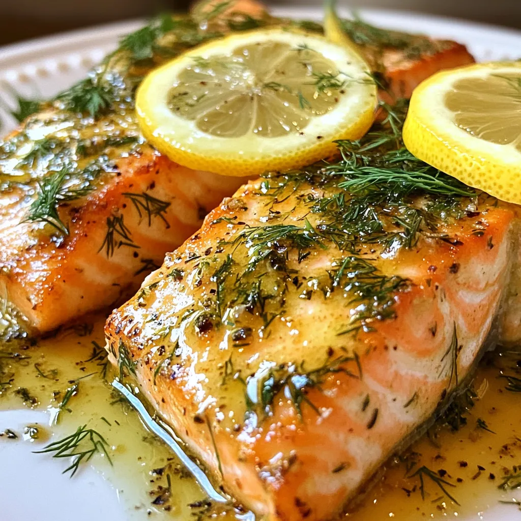 - 4 salmon fillets - 4 tablespoons unsalted butter - 4 cloves garlic, minced - 1 tablespoon fresh parsley, chopped - 1 tablespoon fresh dill, chopped - 1 tablespoon fresh lemon juice - Salt and pepper to taste - Lemon slices for garnish To make garlic herb butter salmon, you need fresh ingredients. The salmon fillets are the star. Choose fillets that are firm and bright in color. Next, you will need unsalted butter. This butter adds richness and helps the flavors shine. Garlic is a must for this recipe. It gives a bold taste that pairs well with salmon. Fresh herbs bring a lovely touch. Parsley and dill add bright notes. Don't forget the lemon juice. It adds acidity and freshness to the dish. Finally, use salt and pepper to enhance all the flavors. Lemon slices work great as a garnish. They make the dish look pretty and add extra zing. Gather all these items before cooking. This way, you will have everything ready to go. It makes the cooking process smooth and enjoyable. {{ingredient_image_1}} - Preheat your oven to 400°F (200°C). - Line a baking sheet with parchment paper or lightly grease it. Getting your oven ready is key. The right temperature helps the salmon cook evenly. Lining the sheet makes cleanup easy too. - Combine 2 tablespoons of softened butter, minced garlic, parsley, dill, and lemon juice in a small bowl. - Add a pinch of salt and pepper. Mix until well combined. This garlic herb butter is the heart of the dish. The garlic gives it a strong flavor. Fresh herbs add a bright taste. Lemon juice brings a lovely zing that pairs well with salmon. - Place the salmon fillets on the prepared baking sheet, skin-side down. - Season the top of each fillet with salt and pepper. - Spoon the garlic herb butter mixture evenly over each fillet. Make sure to cover them generously. - Dot the remaining 2 tablespoons of butter around the salmon. - Bake in the preheated oven for 12-15 minutes. The salmon should flake easily with a fork when done. Assembling is quick and simple. Make sure each fillet gets enough herb butter for flavor. The extra butter keeps the salmon moist while baking. After baking, let the salmon rest for a few minutes, then serve with lemon slices for a fresh touch. To make sure your salmon is just right, check for doneness. The fish should flake easily with a fork. If the flesh is bright and the texture is firm, it’s ready. Overcooking can dry it out quickly. Aim for a cooking time of 12-15 minutes at 400°F. If you see white albumin on the surface, it means the fish is cooking too fast. Lower the heat next time. You can switch up the herbs for new tastes. Try using thyme or basil instead of dill or parsley. If you like a kick, add a pinch of red pepper flakes. For more zest, mix in some lemon zest or capers. These small changes can make a big difference in flavor. To make a great meal, pair your salmon with tasty sides. Roasted vegetables like asparagus or broccoli complement the dish well. A fresh salad with lemon vinaigrette adds a nice crunch. Quinoa or rice can also soak up the buttery sauce. These sides balance the rich flavors of the salmon and create a lovely plate. Pro Tips Fresh Herbs Matter: Using fresh herbs instead of dried can significantly enhance the flavor of your garlic herb butter salmon. Check for Doneness: Salmon is perfectly cooked when it flakes easily with a fork; avoid overcooking to keep it moist and tender. Customize Your Flavors: Feel free to experiment with different herbs or add a pinch of red pepper flakes for a bit of heat. Let It Rest: Allowing the salmon to rest for a few minutes after baking helps redistribute the juices for a juicier result. {{image_2}} You can cook garlic herb butter salmon in different ways. Grilling gives it a smoky flavor. To grill, preheat your grill to medium-high heat. Place the salmon directly on the grill grates. Cook for about 5-7 minutes on each side. Make sure to keep an eye on it to avoid overcooking. Baking is also great and very easy. Just follow the steps in the recipe. It keeps the fish moist and tender. Both methods work well, so pick the one you like. For pan-searing, heat a skillet over medium-high heat. Add a bit of oil, then place the salmon skin-side down. Cook for 4-5 minutes, then flip and cook for another 3-4 minutes. This method gives you a nice crispy skin. You don’t have to stick to salmon. You can use other fish like trout, halibut, or even tilapia. Each type brings its own taste and texture to the dish. Just adjust the cooking time based on the thickness of the fish. If you need a dairy-free option, swap the butter for a plant-based alternative. Look for brands that taste good and melt well. Coconut oil is another choice. It adds a hint of sweetness, but be careful; it can be strong. Don’t be afraid to get creative with herbs and spices. Try using tarragon, chives, or even basil for a fresh twist. Each herb gives a new flavor, making the dish unique. You can also add citrus variations. Try lime or orange juice instead of lemon. This will brighten the dish and add zest. You can even add lemon zest for extra flavor. Experiment and find what you love most! To store leftovers, place the salmon in an airtight container. You can also wrap it tightly in plastic wrap. This keeps the salmon fresh and prevents it from drying out. The shelf life in the fridge is about 2-3 days. Be sure to eat it within this time for the best taste. For freezing salmon, wrap each fillet tightly in plastic wrap. Then, place the wrapped fillets in a freezer bag. Make sure to remove as much air as possible. This helps prevent freezer burn. When you want to reheat frozen salmon, the best method is to thaw it in the fridge overnight. If you're short on time, you can also place the sealed bag in cold water for about an hour. To enhance reheated salmon, add a squeeze of fresh lemon juice. This brightens the flavor and adds freshness. You can also melt a little garlic herb butter on top before serving. This adds moisture and richness back to the dish. You can tell when the salmon is done by checking for a few signs: - The salmon should change from a bright pink to a light pink color. - It should flake easily with a fork. - An internal temperature of 145°F (63°C) shows it is fully cooked. When you see these signs, your salmon is ready to enjoy! Yes, you can use frozen salmon. Here are the best ways to thaw it: - Place the frozen salmon in the fridge overnight. - If you need it faster, seal the salmon in a plastic bag. Then, put it in cold water for about an hour. Do not use hot water. This can cook the fish unevenly. Many sides pair well with garlic herb butter salmon. Here are some popular choices: - Steamed asparagus or green beans. - A light salad with lemon vinaigrette. - Creamy mashed potatoes or roasted potatoes. - Quinoa or rice to soak up the delicious sauce. These sides will make your meal even more tasty! Yes, garlic herb butter salmon has many nutritional benefits. Here are some key points: - Salmon is high in omega-3 fatty acids, which are good for your heart. - Garlic boosts your immune system and adds flavor without extra calories. - Fresh herbs like parsley and dill provide vitamins and minerals. - This dish is a great source of protein. Enjoying garlic herb butter salmon is both tasty and healthy! This article covered how to make garlic herb butter salmon, step by step. We talked about ingredients, preparation, cooking tips, and serving ideas. Salmon is tasty and easy to cook, with many variations. You can grill, bake, or even use different fish. Storing leftovers is simple, and reheating brings back flavor. I hope you feel ready to try this meal. Cooking can be fun and rewarding. Enjoy your delicious salmon dish!