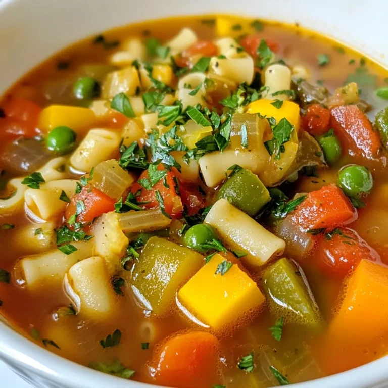 To make a hearty minestrone soup, you need fresh and healthy ingredients. Here’s what you’ll need: - 1 tablespoon olive oil - 1 medium onion, diced - 2 garlic cloves, minced - 2 medium carrots, diced - 2 celery stalks, diced - 1 zucchini, diced - 1 cup green beans, chopped - 1 cup bell pepper, diced (any color) - 1 can (14 oz) diced tomatoes, with juices - 6 cups vegetable broth - 1 teaspoon dried basil - 1 teaspoon dried oregano - 1 bay leaf - Salt and pepper to taste - 1 cup pasta (small shapes like ditalini or macaroni) - 1 cup spinach or kale, chopped - Fresh parsley, chopped (for garnish) These ingredients create a colorful and tasty soup. Each veggie adds flavor and nutrients. You can enhance the soup with some optional add-ins. Consider these: - A splash of lemon juice for brightness - A pinch of red pepper flakes for heat - Fresh herbs like thyme or rosemary for depth These add-ins can make the soup even more enjoyable. Feel free to mix and match based on your taste. To keep your soup fresh and tasty, follow these tips: - Use fresh veggies for the best flavor. - Sauté your aromatics until soft. This builds a great base. - Add greens like spinach at the end to keep them bright. - Adjust seasoning towards the end for the best taste. These tips will help you make a delicious bowl of minestrone soup that everyone will love! {{ingredient_image_1}} Start by heating a tablespoon of olive oil in a large pot over medium heat. Next, add one medium diced onion. Sauté the onion for about 3-4 minutes until it becomes soft and clear. This step builds a strong flavor base for your soup. Then, stir in two minced garlic cloves. Cook the garlic for one minute, making sure it does not burn. Burned garlic can ruin your dish, so watch closely. Now, it’s time to add more veggies. Toss in two diced medium carrots and two diced celery stalks. Sauté these for about 5 minutes until they start to soften. After that, add one diced zucchini, one cup of chopped green beans, and one cup of diced bell pepper. Stir frequently and cook for another 5-7 minutes. The colors and textures of the vegetables will make your soup really pop. Once your veggies are tender, pour in a 14-ounce can of diced tomatoes with juices. Then, add 6 cups of vegetable broth. Stir in one teaspoon each of dried basil and oregano, along with a bay leaf. Don’t forget to add salt and pepper to taste. Bring the soup to a boil, then reduce the heat to low. Let it simmer for about 15 minutes. This allows all the flavors to mix well. Add one cup of small pasta, like ditalini or macaroni, and cook according to the package instructions, usually about 10 minutes. In the last 2 minutes, stir in one cup of chopped spinach or kale until it wilts. Finally, remove the bay leaf before serving. Ladle the soup into bowls and top with fresh parsley for a nice touch. Enjoy your hearty and healthy meal! You can easily change this soup to fit your taste. Try different veggies like peas or corn. If you love spice, add crushed red pepper flakes. For a heartier dish, toss in cooked beans or lentils. You can also swap the pasta for rice or quinoa. This soup is flexible, so have fun with it! To bring out the best taste, use fresh herbs. Basil and oregano add depth to your soup. Sautéing the onions and garlic releases their natural sweetness. Don't rush this step; let them soften fully. You can also add a splash of lemon juice or balsamic vinegar at the end. This brightens the flavors and makes every bite pop! You can cook the pasta right in the soup. This saves time and adds flavor. Just remember to adjust the broth if the pasta absorbs too much liquid. If you prefer, cook the pasta separately. This way, it stays firm and won't soak up the soup. Both methods work, so choose what suits you best! Pro Tips Prep Your Veggies Ahead: Chop your vegetables in advance to save time during cooking, making the process smoother and quicker. Customize with Seasonal Veggies: Feel free to swap out vegetables according to what’s in season or what you have on hand for a fresh twist. Enhance Flavor with Fresh Herbs: Adding fresh herbs like basil or parsley right before serving can elevate the flavor of your soup significantly. Store Properly: If you have leftovers, store the soup without the pasta to prevent it from getting mushy; add cooked pasta when reheating. {{image_2}} You can easily make this soup gluten-free. Just swap regular pasta for gluten-free pasta. Many brands offer tasty options that work well in soup. Make sure to check the label for any hidden gluten. This soup is already vegan since it uses vegetable broth and no animal products. You can enjoy it guilt-free! If you want more protein, add beans or lentils. Canned beans like kidney or cannellini are great. Rinse them before adding to the pot. Lentils cook fast and add a nice texture. Both options make the soup heartier and more filling. Using seasonal veggies makes this soup fresh and tasty. In spring, add peas or asparagus. Summer is perfect for corn or tomatoes. In fall, try squash or pumpkin. Winter calls for root veggies like parsnips or turnips. Get creative and use what you love! To keep your leftover minestrone soup fresh, let it cool first. Then, pour it into an airtight container. This helps lock in moisture and flavor. Store it in the fridge for up to three days. If you want it to last longer, freezing is a great option. When freezing minestrone soup, use a freezer-safe container. Leave some space at the top, as soup expands when frozen. You can also use freezer bags for easy storage. Just remember to label them with the date. Your soup can stay good for up to three months in the freezer. To reheat your soup, take it out of the fridge or freezer. If frozen, let it thaw in the fridge overnight. For reheating, pour it into a pot on medium heat. Stir it often to prevent sticking. If it seems thick, add a little water or broth. Heat until it’s warmed through. Enjoy your soup like it was just made! Minestrone soup can last about 3 to 5 days in the fridge. Store it in an airtight container to keep it fresh. Make sure to cool it first before putting it away. If you see any signs of spoilage, it’s best to discard it. Yes, you can make minestrone soup ahead of time. In fact, it often tastes better after sitting for a day. Just let it cool, then store it in the fridge. You can reheat it on the stove or in the microwave. If you want a pasta substitute, try using quinoa, rice, or even lentils. These options add texture and nutrition. You can also skip the carbs completely and load up on more veggies if you prefer a lighter soup. Minestrone soup is a tasty and healthy meal. We covered its key ingredients, cooking steps, and tips for great flavor. You can customize it with extra add-ins or variations to fit your needs. Storing leftovers is easy, and I provided details on freezing and reheating. Remember, the joy of minestrone is in making it your own. Enjoy crafting your perfect bowl of soup!