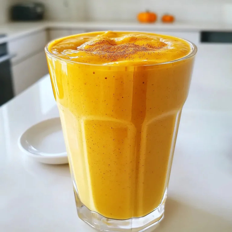 - 1 cup canned pumpkin puree - 1 frozen banana - 1 cup almond milk (or any milk of choice) - 2 tablespoons almond butter - 1 tablespoon maple syrup (or to taste) - 1 teaspoon pumpkin spice (or a mix of cinnamon, ginger, nutmeg) - 1 teaspoon vanilla extract - 1 tablespoon chia seeds (optional) - Ice cubes (optional) Canned pumpkin puree adds fiber and vitamin A. It helps with digestion and supports vision. A frozen banana gives natural sweetness and potassium. This helps your muscles. Almond milk is low in calories and rich in vitamin E. It promotes healthy skin. Almond butter provides healthy fats and protein. This keeps you full longer. Maple syrup adds a touch of sweetness and has antioxidants. It’s a natural sweetener. Pumpkin spice contains cinnamon, ginger, and nutmeg. These spices may boost your metabolism. Chia seeds are packed with omega-3s and fiber. They help with heart health and digestion. Don’t have canned pumpkin? Use fresh pumpkin or butternut squash. Just cook and puree them. No almond milk? Try oat milk, coconut milk, or regular milk. Each adds its own flavor. If you’re nut-free, swap almond butter for sunflower seed butter. It’s still creamy and tasty. For a vegan option, use maple syrup instead of honey. It keeps the recipe plant-based. Want more spice? Add a pinch of cayenne or extra cinnamon. This gives it a warm kick. To make your Pumpkin Spice Energy Smoothie, start by gathering your ingredients. You need: - 1 cup canned pumpkin puree - 1 frozen banana - 1 cup almond milk (or any milk you like) - 2 tablespoons almond butter - 1 tablespoon maple syrup (or to taste) - 1 teaspoon pumpkin spice - 1 teaspoon vanilla extract - 1 tablespoon chia seeds (optional) - Ice cubes (optional) 1. First, put the canned pumpkin puree into your blender. 2. Next, add the frozen banana. This gives the smoothie a nice chill. 3. Then, pour in the almond milk and add the almond butter. 4. After that, mix in the maple syrup, pumpkin spice, vanilla extract, and chia seeds if you choose. 5. Now, blend everything until it is smooth and creamy. 6. If you want it thicker, add ice cubes and blend again. 7. Taste your smoothie. Add more maple syrup if you want it sweeter. 8. Finally, pour your smoothie into a large glass or two smaller ones. To get the best texture, make sure your blender is powerful. A good blender will mix everything evenly. If you have a lower-powered blender, cut your frozen banana into smaller pieces. This helps it blend better. Also, start on a low speed and gradually increase to high. This helps everything mix smoothly without lumps. If your smoothie is too thick, add a bit more almond milk. Blend again until it reaches your desired consistency. If it’s too thin, add more pumpkin puree or a bit of frozen banana. For sweetness, maple syrup works great. Start with one tablespoon, taste, and add more if you prefer. This way, you control how sweet your smoothie is. To make your Pumpkin Spice Energy Smoothie tasty, focus on the spices. Use fresh pumpkin spice or mix cinnamon, ginger, and nutmeg. This blend gives warmth. Adjust the sweetness too. Start with one tablespoon of maple syrup, then taste. If you want it sweeter, add more. Also, adding a dash of vanilla extract boosts the flavor nicely. Fall brings great ingredients for your smoothie. Use fresh apples or pears for added sweetness. You can also add oats. They blend well and make the smoothie thicker. Another tip is to use spices in your pantry. They can add unique flavors. Try cardamom for a twist. Want to boost nutrition? Add chia seeds. They pack fiber and omega-3s. You can also use spinach for more vitamins without changing the taste. If you want more protein, try adding Greek yogurt or protein powder. These options help make the smoothie more filling. {{image_2}} You can change the flavor of your smoothie easily. Try using different spices. For a warm twist, add a pinch of cardamom. If you love chocolate, blend in some cocoa powder. You can also switch the pumpkin for sweet potato. This gives a creamy texture with a different taste. Adding a handful of spinach or kale can boost nutrients without changing the flavor much. This recipe is already dairy-free with almond milk. You can use any plant-based milk you like. Oat milk gives a nice creaminess. Coconut milk adds a tropical flair. If you want extra creaminess, use cashew milk. For the almond butter, you can switch to tahini or sunflower seed butter. Both options keep it vegan and tasty. Want to make your smoothie even healthier? Add protein powder for a boost. Vanilla or chocolate protein mixes work well. You can also toss in some hemp seeds or flaxseeds. These add protein and healthy fats. If you want a superfood kick, consider spirulina or maca powder. Just one tablespoon gives you extra nutrients without changing the taste much. You can store any leftover Pumpkin Spice Energy Smoothie in the fridge. Use a sealed container to keep it fresh. It stays good for up to two days. When you are ready to drink it, shake or stir well. The ingredients may separate. Freezing is a great way to save smoothie packs for later. Use ice cube trays or small bags. Fill them with your smoothie mix, but leave space for expansion. Smoothies last up to three months in the freezer. When you are ready, just blend with your choice of milk. To thaw, move your frozen smoothie to the fridge overnight. You can also run warm water over the bag for a quick thaw. If you want a warm drink, heat it gently on the stove or microwave. Stir it well before drinking. Enjoy the taste of fall whenever you want! Yes, you can use fresh pumpkin. Just cook it first until soft. Then, blend it until smooth. Fresh pumpkin gives a nice taste. It may take more time to prepare than canned. To make your smoothie thicker, add more frozen bananas or ice cubes. You can also add chia seeds. They swell and thicken the mix. Blend until it reaches the texture you like. If you need a substitute for almond butter, try peanut butter or sunflower seed butter. Both work well and add great flavor. You can also use tahini if you want a different taste. Store your smoothie in the fridge for up to 24 hours. Use an airtight container to keep it fresh. Shake or stir it before drinking, as it may separate. In this blog post, we explored key ingredients, their benefits, and smart substitutions. I shared step-by-step instructions to create the perfect blend, along with tips for adjusting flavors and texture. You learned various ways to enhance nutrition and tried fun variations, including vegan options. Lastly, I provided storage tips to keep your smoothies fresh. Remember, your blend is only limited by your creativity. Enjoy experimenting and make your smoothies great!
