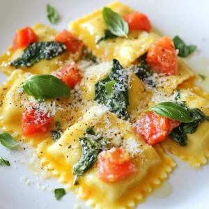 - 12 oz fresh or frozen ravioli (cheese or spinach-filled) - 2 tablespoons olive oil - 3 cloves garlic, minced - 1 can (14 oz) diced tomatoes, drained - 1 cup fresh spinach, roughly chopped - 1 cup heavy cream - ½ cup grated Parmesan cheese - 1 teaspoon Italian seasoning - Salt and pepper to taste - Fresh basil leaves for garnish - Crushed red pepper flakes for heat - A splash of white wine for depth - Sun-dried tomatoes for added sweetness - Fresh herbs like oregano or thyme - Large pot for boiling ravioli - Large skillet for sautéing - Wooden spoon for mixing - Measuring cups and spoons - Colander for draining ravioli - Knife and cutting board for chopping Gather these items before you start. Having everything ready makes cooking fun and smooth. Enjoy the process! {{ingredient_image_1}} First, boil water in a large pot. Add salt to the water. Once it boils, add the ravioli. Cook the ravioli based on the package instructions until they are al dente. This usually takes about 4 to 5 minutes. After cooking, drain the ravioli in a colander. Make sure to save a few tablespoons of pasta water. Set the ravioli aside while you make the sauce. Grab a large skillet and heat olive oil over medium heat. Add the minced garlic and sauté for about one minute. You want it to smell nice but not burn. Next, stir in the drained diced tomatoes and Italian seasoning. Cook this mixture for 2 to 3 minutes until it is warm. Now, toss in the chopped spinach. Cook it for another 2 to 3 minutes until the spinach wilts and shrinks. Now it's time to make it creamy. Pour the heavy cream into the skillet and bring it to a gentle simmer. Stir in the grated Parmesan cheese and mix well. You should see the sauce thicken in about 3 to 4 minutes. Carefully fold the cooked ravioli into the sauce. If it feels too thick, add a little of that reserved pasta water to loosen it up. Season with salt and pepper to taste. Now, your creamy tomato spinach ravioli is ready to serve! Enjoy it on plates and add fresh basil leaves on top for garnish. To make great ravioli dough, you need just a few key ingredients. Use flour, eggs, and a pinch of salt. Start by mixing the flour and salt in a bowl. Create a well in the center. Crack the eggs into the well. Mix gently with a fork. Gradually combine flour into the eggs. Once mixed, knead the dough for about 10 minutes. Cover it and let it rest for 30 minutes. This allows the gluten to relax, making it easy to roll out later. To boost the sauce’s flavor, consider these simple tips. First, add a splash of white wine after sautéing the garlic. This will add depth. Next, use fresh herbs like thyme or oregano. They bring a bright taste that dried herbs can't match. You can also add a pinch of red pepper flakes for a gentle heat. Last, finish with a drizzle of good olive oil before serving. This adds richness and flavor. Avoid these common mistakes to ensure your dish shines. First, don't overcook the ravioli. Follow package time closely for the best texture. Second, don't skip draining the tomatoes. Excess liquid will make the sauce watery. Third, be careful with the heat. Cooking the cream too fast can cause it to curdle. Lastly, taste and adjust seasoning as you go. This ensures the flavors balance perfectly. Pro Tips Use Fresh Ingredients: Fresh spinach and high-quality tomatoes can elevate the dish's flavor significantly. Opt for seasonal produce when possible. Adjust Creaminess: If you prefer a lighter sauce, you can substitute half of the heavy cream with chicken or vegetable broth for a flavorful twist. Perfectly Cooked Ravioli: Be careful not to overcook the ravioli. They should be tender but still hold their shape. Check them a minute before the package instructions indicate. Garnish Wisely: Fresh basil not only adds color but also enhances the overall flavor. Consider adding a squeeze of lemon juice for brightness before serving. {{image_2}} For a vegetarian twist, you can use vegetable broth instead of chicken broth. Swap heavy cream for coconut milk or cashew cream for a vegan option. This keeps the dish rich and creamy while making it plant-based. You can also add more veggies, like bell peppers or mushrooms, for extra flavor and nutrients. Ravioli can have many fillings. You can choose cheese, spinach, or even mushrooms. For a heartier meal, try meat-filled ravioli, like beef or chicken. These options can add a new taste to your dish. Experiment with different flavors to find your favorite. If you need a gluten-free meal, look for gluten-free ravioli. Many stores sell rice or corn-based pasta. You can also make your own dough with gluten-free flour. This way, everyone can enjoy this creamy tomato spinach ravioli without worry. To keep leftover ravioli fresh, place it in an airtight container. You can store it in the fridge for up to three days. Make sure the ravioli is cool before sealing the container. This way, it will stay tasty and safe to eat. When you want to enjoy your leftovers, reheat them gently. You can use a microwave or a skillet. If using a microwave, place the ravioli on a microwave-safe plate. Add a splash of water to keep it moist. Heat it for one to two minutes. If using a skillet, add a little olive oil over medium heat. Stir the ravioli until hot. To freeze creamy tomato spinach ravioli, let it cool first. Then, place it in a freezer-safe bag or container. Make sure to remove as much air as possible. You can freeze it for up to three months. When ready to eat, thaw it in the fridge overnight before reheating. This method keeps the ravioli's flavor and texture. Yes, you can use store-bought ravioli. It saves time and is very easy. Look for cheese or spinach-filled options in the refrigerated section. Cooking times may differ, so check the package. Just follow the cooking instructions and you are good to go. To make this dish lower in calories, you can use less heavy cream. Try using half-and-half or milk instead. You can also use less cheese. Add more vegetables like zucchini or mushrooms for bulk without many calories. This keeps the meal filling yet lighter. You can substitute heavy cream with several options. Use coconut milk for a dairy-free option. Silken tofu blended until smooth is another great choice. You can also use Greek yogurt for creaminess. These swaps will change the flavor a bit, but they work well. This blog post covered everything you need to know about creamy tomato spinach ravioli. We explored the key ingredients, tools, and step-by-step cooking instructions. I shared tips to make your ravioli perfect and suggested delicious variations. I also discussed storage options and answered some common questions. Remember, cooking should be fun! Experiment and find what you like best. Enjoy making this dish, and share it with family and friends!