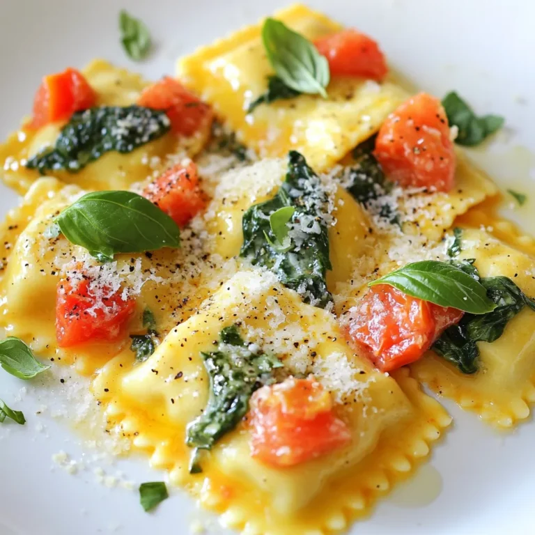 - 12 oz fresh or frozen ravioli (cheese or spinach-filled) - 2 tablespoons olive oil - 3 cloves garlic, minced - 1 can (14 oz) diced tomatoes, drained - 1 cup fresh spinach, roughly chopped - 1 cup heavy cream - ½ cup grated Parmesan cheese - 1 teaspoon Italian seasoning - Salt and pepper to taste - Fresh basil leaves for garnish - Crushed red pepper flakes for heat - A splash of white wine for depth - Sun-dried tomatoes for added sweetness - Fresh herbs like oregano or thyme - Large pot for boiling ravioli - Large skillet for sautéing - Wooden spoon for mixing - Measuring cups and spoons - Colander for draining ravioli - Knife and cutting board for chopping Gather these items before you start. Having everything ready makes cooking fun and smooth. Enjoy the process! {{ingredient_image_1}} First, boil water in a large pot. Add salt to the water. Once it boils, add the ravioli. Cook the ravioli based on the package instructions until they are al dente. This usually takes about 4 to 5 minutes. After cooking, drain the ravioli in a colander. Make sure to save a few tablespoons of pasta water. Set the ravioli aside while you make the sauce. Grab a large skillet and heat olive oil over medium heat. Add the minced garlic and sauté for about one minute. You want it to smell nice but not burn. Next, stir in the drained diced tomatoes and Italian seasoning. Cook this mixture for 2 to 3 minutes until it is warm. Now, toss in the chopped spinach. Cook it for another 2 to 3 minutes until the spinach wilts and shrinks. Now it's time to make it creamy. Pour the heavy cream into the skillet and bring it to a gentle simmer. Stir in the grated Parmesan cheese and mix well. You should see the sauce thicken in about 3 to 4 minutes. Carefully fold the cooked ravioli into the sauce. If it feels too thick, add a little of that reserved pasta water to loosen it up. Season with salt and pepper to taste. Now, your creamy tomato spinach ravioli is ready to serve! Enjoy it on plates and add fresh basil leaves on top for garnish. To make great ravioli dough, you need just a few key ingredients. Use flour, eggs, and a pinch of salt. Start by mixing the flour and salt in a bowl. Create a well in the center. Crack the eggs into the well. Mix gently with a fork. Gradually combine flour into the eggs. Once mixed, knead the dough for about 10 minutes. Cover it and let it rest for 30 minutes. This allows the gluten to relax, making it easy to roll out later. To boost the sauce’s flavor, consider these simple tips. First, add a splash of white wine after sautéing the garlic. This will add depth. Next, use fresh herbs like thyme or oregano. They bring a bright taste that dried herbs can't match. You can also add a pinch of red pepper flakes for a gentle heat. Last, finish with a drizzle of good olive oil before serving. This adds richness and flavor. Avoid these common mistakes to ensure your dish shines. First, don't overcook the ravioli. Follow package time closely for the best texture. Second, don't skip draining the tomatoes. Excess liquid will make the sauce watery. Third, be careful with the heat. Cooking the cream too fast can cause it to curdle. Lastly, taste and adjust seasoning as you go. This ensures the flavors balance perfectly. Pro Tips Use Fresh Ingredients: Fresh spinach and high-quality tomatoes can elevate the dish's flavor significantly. Opt for seasonal produce when possible. Adjust Creaminess: If you prefer a lighter sauce, you can substitute half of the heavy cream with chicken or vegetable broth for a flavorful twist. Perfectly Cooked Ravioli: Be careful not to overcook the ravioli. They should be tender but still hold their shape. Check them a minute before the package instructions indicate. Garnish Wisely: Fresh basil not only adds color but also enhances the overall flavor. Consider adding a squeeze of lemon juice for brightness before serving. {{image_2}} For a vegetarian twist, you can use vegetable broth instead of chicken broth. Swap heavy cream for coconut milk or cashew cream for a vegan option. This keeps the dish rich and creamy while making it plant-based. You can also add more veggies, like bell peppers or mushrooms, for extra flavor and nutrients. Ravioli can have many fillings. You can choose cheese, spinach, or even mushrooms. For a heartier meal, try meat-filled ravioli, like beef or chicken. These options can add a new taste to your dish. Experiment with different flavors to find your favorite. If you need a gluten-free meal, look for gluten-free ravioli. Many stores sell rice or corn-based pasta. You can also make your own dough with gluten-free flour. This way, everyone can enjoy this creamy tomato spinach ravioli without worry. To keep leftover ravioli fresh, place it in an airtight container. You can store it in the fridge for up to three days. Make sure the ravioli is cool before sealing the container. This way, it will stay tasty and safe to eat. When you want to enjoy your leftovers, reheat them gently. You can use a microwave or a skillet. If using a microwave, place the ravioli on a microwave-safe plate. Add a splash of water to keep it moist. Heat it for one to two minutes. If using a skillet, add a little olive oil over medium heat. Stir the ravioli until hot. To freeze creamy tomato spinach ravioli, let it cool first. Then, place it in a freezer-safe bag or container. Make sure to remove as much air as possible. You can freeze it for up to three months. When ready to eat, thaw it in the fridge overnight before reheating. This method keeps the ravioli's flavor and texture. Yes, you can use store-bought ravioli. It saves time and is very easy. Look for cheese or spinach-filled options in the refrigerated section. Cooking times may differ, so check the package. Just follow the cooking instructions and you are good to go. To make this dish lower in calories, you can use less heavy cream. Try using half-and-half or milk instead. You can also use less cheese. Add more vegetables like zucchini or mushrooms for bulk without many calories. This keeps the meal filling yet lighter. You can substitute heavy cream with several options. Use coconut milk for a dairy-free option. Silken tofu blended until smooth is another great choice. You can also use Greek yogurt for creaminess. These swaps will change the flavor a bit, but they work well. This blog post covered everything you need to know about creamy tomato spinach ravioli. We explored the key ingredients, tools, and step-by-step cooking instructions. I shared tips to make your ravioli perfect and suggested delicious variations. I also discussed storage options and answered some common questions. Remember, cooking should be fun! Experiment and find what you like best. Enjoy making this dish, and share it with family and friends!