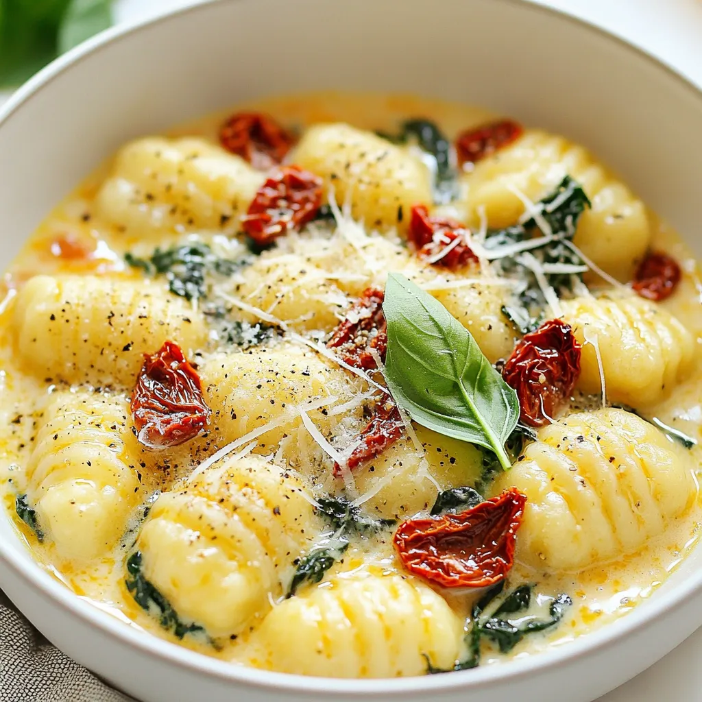 - 1 pound (450g) gnocchi (store-bought or homemade) - 1 cup sun-dried tomatoes in oil, drained and chopped - 1 cup heavy cream - 1 cup vegetable broth - 2 cloves garlic, minced - 1/2 cup grated Parmesan cheese - 2 tablespoons olive oil - 1 teaspoon dried basil - 1/2 teaspoon red pepper flakes (optional) - Fresh basil leaves - Additional Parmesan cheese The main stars of this dish are the gnocchi and sun-dried tomatoes. Gnocchi brings a soft, pillowy texture. You can use store-bought gnocchi for ease or make it from scratch if you like a challenge. The sun-dried tomatoes add a burst of sweet and tangy flavor. Their oil enhances the sauce, making it rich and decadent. Heavy cream and vegetable broth come together for the sauce. The cream gives a luscious texture, while the broth adds depth. This combo creates a perfect base for the gnocchi. Garlic, Parmesan, and dried basil bring warmth and savory notes. If you like a bit of heat, add red pepper flakes for a kick. For garnish, fresh basil leaves add a fragrant touch. A sprinkle of more Parmesan cheese makes each plate look and taste special. These ingredients combine to create a dish that feels fancy yet is simple to prepare. Enjoy the delightful flavors and creamy texture! {{ingredient_image_1}} - Bring a large pot of salted water to a boil. - Add 1 pound of gnocchi to the pot. - Cook until the gnocchi floats, about 3-5 minutes. - Drain the gnocchi and set it aside. - Heat 2 tablespoons of olive oil in a large skillet. - Add 2 cloves of minced garlic and sauté for 1 minute. - Stir in 1 cup of chopped sun-dried tomatoes. - Cook for another 2-3 minutes until fragrant. - Pour in 1 cup of heavy cream and 1 cup of vegetable broth. - Stir to combine and bring to a gentle simmer. - Cook for about 3-5 minutes until the sauce thickens. - Add 1 cup of chopped spinach and 1/2 cup of grated Parmesan cheese. - Mix until the spinach wilts and cheese melts. - Gently fold the cooked gnocchi into the creamy sauce. - Stir well to coat each gnocchi with the sauce. - Cooking gnocchi perfectly: To cook gnocchi, bring a large pot of salted water to a boil. Add the gnocchi and wait until they float. This usually takes 3 to 5 minutes. Floating means they are ready. Drain them well and set aside. - Sautéing garlic without burning: Heat olive oil in a large skillet over medium heat. Add minced garlic and watch it carefully. Sauté for just about one minute. If it turns brown, it will taste bitter. You want it fragrant and soft. - Suggestions for additional spices: You can boost flavor by adding spices like dried oregano or thyme. Red pepper flakes give a nice kick if you like heat. Try adding some black pepper for depth. - Tips for creaminess: For extra creaminess, consider adding more heavy cream or a splash of cream cheese. Mixing in a little pasta water when combining with the sauce also helps. It thickens the sauce and makes it cling to the gnocchi. - Best plating techniques: For a great look, use shallow bowls. Spoon the gnocchi in the center and let some sauce pool around it. This makes it look inviting. - Garnishing ideas for visual appeal: Top each serving with fresh basil leaves and a sprinkle of grated Parmesan cheese. This adds color and a fresh aroma. A drizzle of olive oil can also enhance the look and flavor. Pro Tips Use Fresh Ingredients: Whenever possible, opt for fresh basil and high-quality sun-dried tomatoes for a more vibrant flavor. Adjust the Creaminess: If you prefer a lighter sauce, you can substitute half of the heavy cream with additional vegetable broth. Customize the Heat: Feel free to adjust the amount of red pepper flakes based on your heat preference. You can omit it entirely for a milder dish. Perfectly Cooked Gnocchi: Ensure you don't overcook the gnocchi; they should float to the surface when done, usually within 3-5 minutes. {{image_2}} You can change up the pasta in this dish. Try using penne or farfalle. Both will work great with the creamy sauce. If you want a lighter option, use zucchini noodles. They add a nice crunch and are low in carbs. For a dairy-free version, swap heavy cream for coconut milk. It gives a different flavor but keeps the creaminess. You could also use almond milk with some extra thickener. Adding protein to your gnocchi can make it heartier. Chicken or shrimp are both excellent choices. Simply cook them in the pan before adding the sauce. You can also add some Italian sausage for a spicy kick. For a Mediterranean twist, toss in olives, artichokes, or capers. These add a briny flavor that pairs well with sun-dried tomatoes. Seasonal veggies can brighten this dish. In spring, add asparagus or peas. In summer, try cherry tomatoes or bell peppers. In fall, roasted butternut squash fits well. For winter, you can use kale or Brussels sprouts. Fresh herbs can also lift the taste. Basil and parsley are classic choices, but thyme and oregano work well too. After cooking, let the gnocchi cool down. Store leftovers in an airtight container. Keep it in the fridge for up to three days. Make sure it is sealed well to prevent drying out. To freeze, place portions in freezer-safe bags. Remove as much air as possible. Label the bags with the date. You can keep it frozen for up to three months. When ready to eat, thaw overnight in the fridge. Reheat gently on low heat. Use glass or plastic containers with tight lids. These help keep moisture away. Avoid using containers that allow air in. This will keep your gnocchi fresh and tasty. To make gnocchi from scratch, start with potatoes. Use about 2 pounds of starchy potatoes. Boil them until soft, then peel and mash. Mix the mashed potatoes with flour and an egg to form a dough. Roll the dough into long ropes. Cut them into small pieces and shape each piece with a fork to create ridges. Boil the gnocchi until they float, which shows they are cooked. This process gives you soft and pillowy gnocchi. Yes, you can use sun-dried tomatoes that are not in oil. Just soak them in hot water for about 20 minutes to soften them. After soaking, chop them finely. They will still add great flavor to your gnocchi dish. However, using sun-dried tomatoes in oil gives a richer taste and more moisture to the sauce. This creamy sun-dried tomato gnocchi is perfect for meal prep. You can cook a large batch and store it in airtight containers. It keeps well in the fridge for up to three days. Reheat it on the stove or in the microwave. Just add a splash of broth or cream to keep it creamy when reheating. You can serve creamy sun-dried tomato gnocchi with a green salad for a fresh side dish. Garlic bread also pairs well, adding a nice crunch. For protein, grilled chicken or shrimp can make it a full meal. A sprinkle of extra Parmesan or fresh basil on top adds a lovely touch. This blog post covered how to make creamy sun-dried tomato gnocchi. We explored the key ingredients, cooking steps, and tips for the best results. You can customize this dish with seasonal veggies or proteins. Store leftovers properly in airtight containers to keep them fresh. Remember, presentation matters, so garnish wisely. Enjoy your delicious creation and share it with others! This dish is a simple way to impress while enjoying good food.