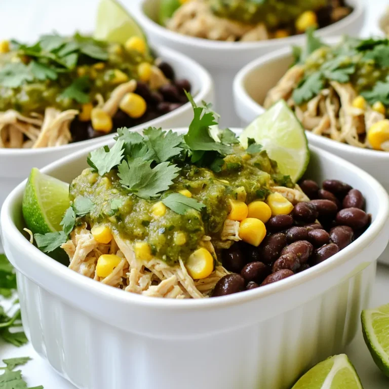 - 2 lbs boneless, skinless chicken thighs - 1 cup salsa verde - 1 can (15 oz) black beans, drained and rinsed - 1 cup corn kernels, fresh or frozen - 1 medium onion, diced - 2 cloves garlic, minced - 1 teaspoon ground cumin - 1 teaspoon chili powder - 1 teaspoon lime zest - Salt and pepper to taste - Fresh cilantro and lime wedges for garnish The main ingredients set the stage for rich flavors in your dish. I love using chicken thighs for their tenderness. They soak up the salsa verde and spices beautifully. Salsa verde brings a tangy kick that ties everything together. The black beans add protein and a hearty texture. Corn kernels give a slight sweetness and color. You can use fresh or frozen corn, whichever you prefer. Diced onion and minced garlic enhance the base flavors. They create a savory aroma as they cook. For seasoning, ground cumin and chili powder provide warmth and depth. Lime zest adds brightness and freshness. Salt and pepper help balance all the flavors. I always recommend garnishing with fresh cilantro and lime wedges. They elevate the dish and add a pop of color. Together, these ingredients create a comforting dish that is easy to make. You'll enjoy the process and the delicious results. Start by placing the boneless, skinless chicken thighs in the bottom of your slow cooker. Make sure they fit well without overlapping. Next, pour one cup of salsa verde evenly over the chicken. This coats each piece and adds great flavor. Now, layer in the diced onion, minced garlic, drained black beans, and corn over the chicken. This mix adds texture and nutrition. Sprinkle one teaspoon each of ground cumin, chili powder, lime zest, salt, and pepper over the top. These spices bring warmth and depth to the dish. Cover your slow cooker and set it on low for 6 to 8 hours or high for 3 to 4 hours. This slow cooking breaks down the chicken, making it tender and juicy. Once done, shred the chicken using two forks and stir it back into the salsa verde mixture. This step ensures every bite is packed with flavor. For a better taste, use homemade salsa verde. It makes a big difference. You can blend fresh tomatillos, cilantro, and lime juice for a burst of flavor. Marinating the chicken with spices before cooking adds depth. Mix ground cumin, chili powder, and a little lime zest. Coat the chicken well in these spices. Let it sit for at least 30 minutes. This step builds great flavor. Cooking time matters for the best results. If you cook on low, aim for 6 to 8 hours. For high heat, 3 to 4 hours works well. Check the chicken to ensure it’s tender. To shred the chicken, use two forks. This makes it easy to mix back into the salsa verde. You can serve this chicken in many ways. Try it in tacos, rice bowls, or burritos. It’s versatile and fun! For a beautiful presentation, garnish with fresh cilantro. Squeeze lime over the dish right before serving. This adds color and flavor, making your meal pop. {{image_2}} You can change a few ingredients in this dish. If you prefer, swap chicken thighs for chicken breasts. Chicken breasts are leaner but still tasty. You can also try different beans or veggies. Use pinto beans or kidney beans for a twist. For veggies, add bell peppers or zucchini for more color and flavor. Adjusting the spice level is easy. Choose between mild or spicy salsa verde. If you like heat, add jalapeños to the mix. You can also sprinkle some spice mixes for extra kick. Try using cayenne pepper or red pepper flakes. This gives you control over how spicy you want your dish. You can serve this chicken in many ways. It’s great over rice or quinoa for a hearty meal. You can also create tasty enchiladas or casseroles. Just layer the shredded chicken with tortillas and cheese. Bake until bubbly for a comforting dish. Each method brings a unique flavor and style to your meal. Store your leftovers in an airtight container. It keeps the chicken fresh and tasty. You can keep the dish in the fridge for up to 4 days. Always check for any off smell or change in color before eating. To freeze the chicken mixture, let it cool first. Then, place it in a freezer-safe bag or container. Make sure to remove as much air as possible. This dish can stay good for up to 3 months in the freezer. When you are ready to eat, thaw it in the fridge overnight. For reheating, you have a few easy options. In the microwave, heat on medium power for 2 to 3 minutes. Stir halfway through for even heating. On the stovetop, place it in a pan over medium heat. Stir occasionally until it is hot. Enjoy your meal just like fresh! Yes, you can make this recipe dairy-free. The main ingredients do not include dairy. If you want to add a creamy touch, use avocado slices instead of sour cream. You can also skip any cheese toppings. This keeps your dish light and dairy-free. To make this dish vegetarian, substitute the chicken with plant-based proteins. You can use chickpeas, lentils, or tofu. Cook them in the same way as the chicken. The salsa verde will add great flavor, making it delicious and filling. This dish pairs well with many sides. Here are some ideas: - Rice or quinoa for a hearty base - Warm tortillas for tacos - A fresh green salad for crunch - Mexican-style corn on the cob - Chips and guacamole for a fun snack These sides will enhance your meal and make it more enjoyable. This recipe for Slow Cooker Salsa Verde Chicken offers simple steps and tasty results. You can use boneless chicken thighs, salsa verde, and black beans for a hearty dish. The right spices add flavor, while fresh toppings like cilantro make it pop. Feel free to swap ingredients or try different serving ideas. Overall, this meal is easy, versatile, and great for any occasion. You can save leftovers, making it perfect for busy days. Enjoy making this dish and sharing it with family and friends!