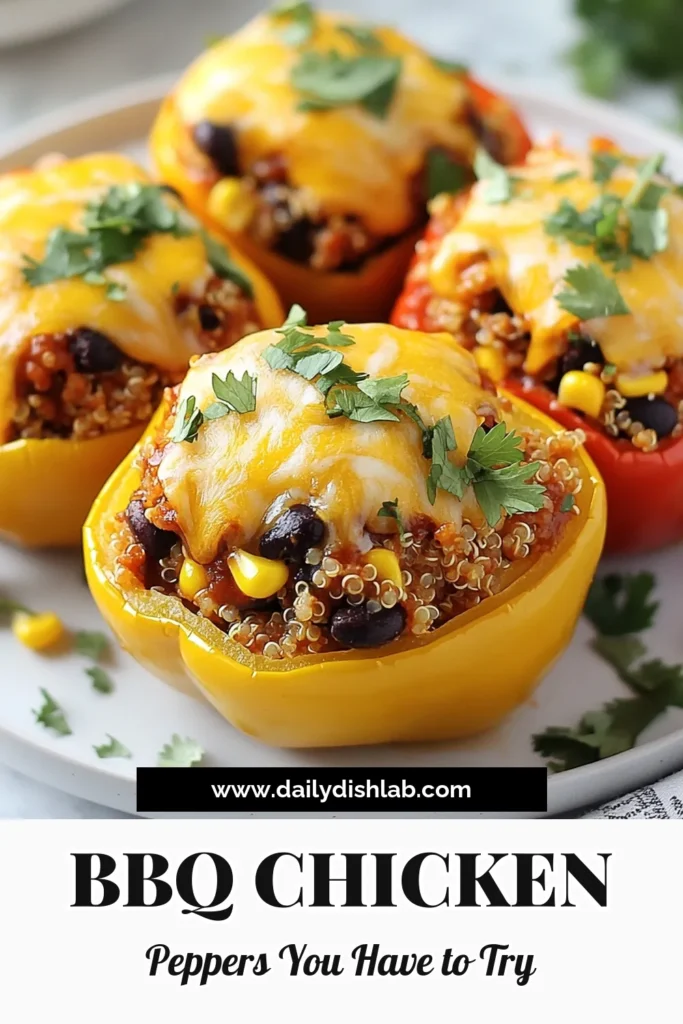 Looking for a delicious twist on healthy stuffed pepper recipes? Try these BBQ chicken stuffed peppers! This easy chicken stuffed peppers dish combines shredded chicken, BBQ sauce, quinoa, beans, and cheese, all baked in vibrant bell peppers. Perfect for a family meal or meal prep, this quinoa stuffed peppers recipe is nutritious and filling. Satisfy your cravings today and save this recipe for later! #BBQChickenStuffedPeppers #HealthyStuffedPeppers #BakedStuffedBellPeppers #QuinoaStuffedPeppers
