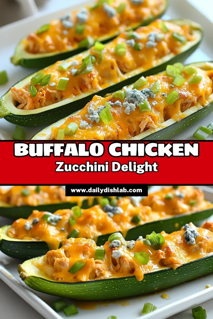 Discover the deliciousness of Buffalo Chicken Zucchini Boats with this easy, healthy buffalo chicken recipe. These low-carb buffalo chicken stuffed zucchini boats are perfect for a satisfying meal. Loaded with shredded chicken, cream cheese, and melted cheddar, this zucchini boat recipe is a flavorful twist for your dinner table. Try making these tonight for a guilt-free treat! Save this recipe and enjoy! #BuffaloChickenZucchiniBoats #LowCarbRecipes #HealthyEating #ZucchiniBoatRecipes