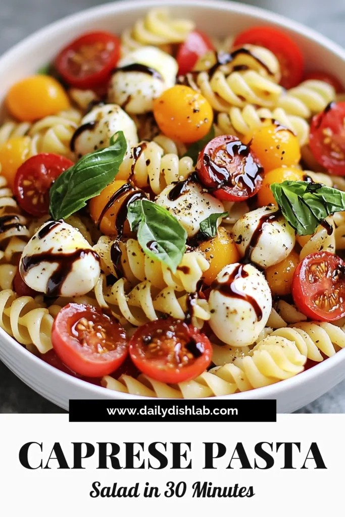 Discover the refreshing delight of Balsamic Caprese Pasta Salad, a must-try Fusilli Pasta Salad Recipe that’s perfect for summer! Bursting with flavor from juicy cherry tomatoes and creamy mozzarella, this Easy Summer Pasta Salad is enhanced with fresh basil and a tangy balsamic glaze. Elevate your meal with this fresh basil pasta dish that’s quick to prepare and perfect for gatherings. Try it today and awaken your taste buds! Save this recipe for later! #PastaSalad #SummerRecipes #Caprese #HealthyEating