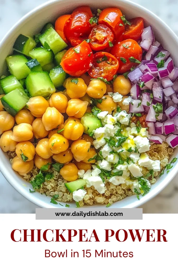 Discover the deliciously vibrant Mediterranean Chickpea Bowl, a quinoa power bowl recipe that's perfect for meal prep! This healthy Mediterranean recipe combines fresh veggies, protein-packed chickpeas, and zesty feta for a satisfying vegetarian meal. Enjoy it as a nutritious chickpea salad bowl or prepare it in advance for easy lunches. Ready in just 15 minutes, it's a must-try. Click to save this recipe and elevate your meal game! #MediterraneanChickpeaBowl #QuinoaPowerBowl #HealthyRecipes #MealPrepIdeas