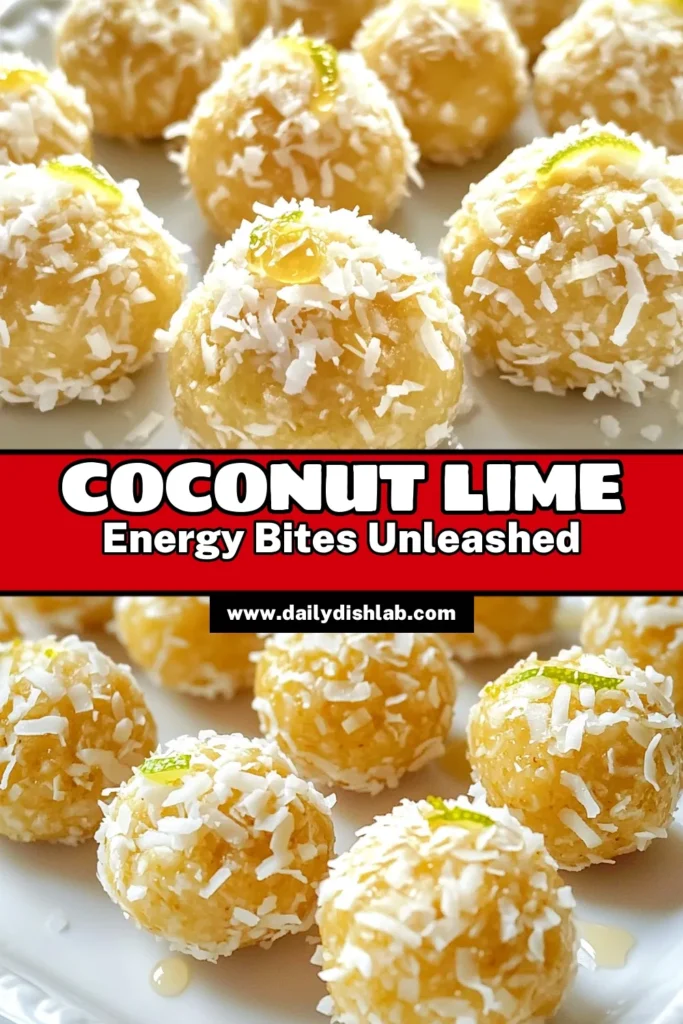 Fuel your day with these delicious Coconut Lime Energy Bites! This healthy energy bites recipe combines rolled oats, shredded coconut, and almond butter for a no-bake coconut snack that's perfect for any time. Enjoy a quick snack idea that's simple to prepare and irresistibly zesty. Try making these bites today and savor the tropical flavor! Save this recipe and share your creations! #EnergyBites #HealthySnacks #NoBakeRecipes #CoconutLime