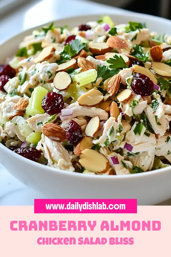 Discover the deliciousness of this Cranberry Almond Chicken Salad, the perfect blend of flavors in a healthy chicken salad recipe. Made with shredded chicken, crunchy almonds, and a creamy Greek yogurt dressing, this easy salad recipe with chicken is nutritious and satisfying. Try this shredded chicken salad idea for a quick meal. Don’t forget to save for later and share! #ChickenSalad #HealthyRecipes #SaladIdeas #MealPrep