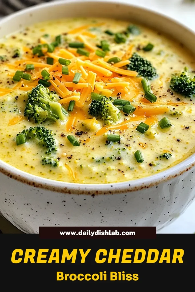 Indulge in this delicious Creamy Broccoli Cheddar Soup, the perfect Easy Broccoli Soup Recipe for any meal. Packed with healthy vegetables, it's a delightful Vegetarian Cheddar Soup that warms the soul and satisfies your cravings. This Healthy Broccoli Cheddar Soup is creamy, cheesy, and easy to make! Try this Comfort Food Soup Recipe today, and enjoy every spoonful! Don’t forget to save it for later! #BroccoliCheddarSoup #HealthySoup #VegetarianRecipes #ComfortFood