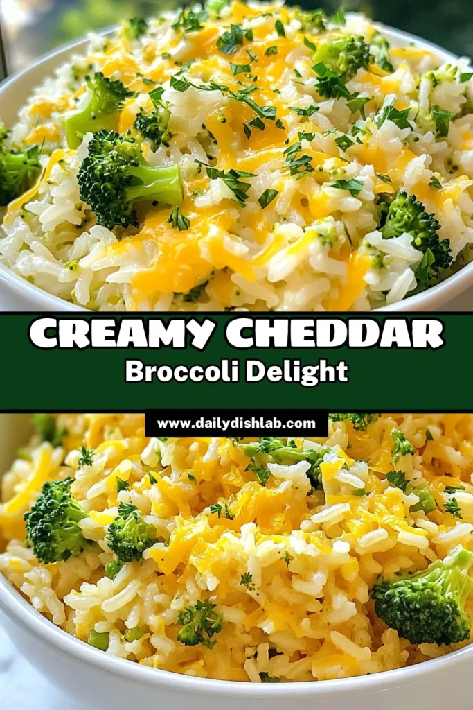 Discover the deliciousness of creamy broccoli cheddar rice! This easy broccoli cheese rice recipe combines jasmine rice, fresh broccoli, and sharp cheddar for a comforting one pot broccoli cheddar dish. Made with vegetable broth, it's a perfect vegetarian rice dish the whole family will love. Ready in just 30 minutes, this creamy delight is a must-try! Save this recipe for later and enjoy a delightful meal! #BroccoliCheddarRice #VegetarianRecipes #OnePotMeals #EasyDinnerIdeas