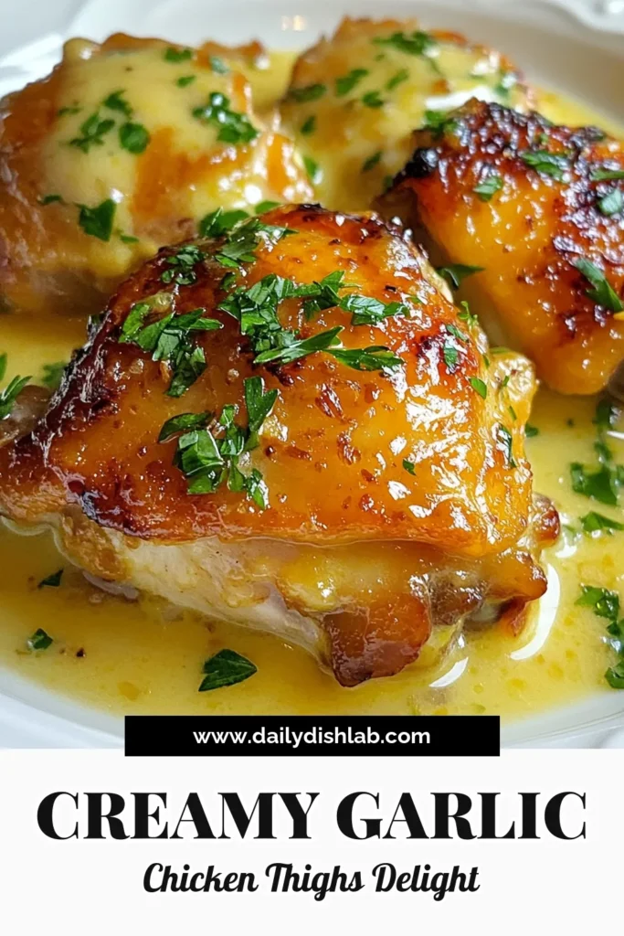 Indulge in this delicious recipe for Creamy Roasted Garlic Chicken Thighs that will elevate your weeknight meals! This oven-baked chicken thighs recipe features tender chicken thighs cooked to perfection in a rich garlic cream sauce. It’s the ideal easy chicken thighs dinner for busy nights. Enjoy this roasted garlic chicken recipe that’s packed with flavor and sure to impress. Save this recipe for your next family dinner! #ChickenDinner #CreamyChicken #GarlicLovers #EasyRecipes