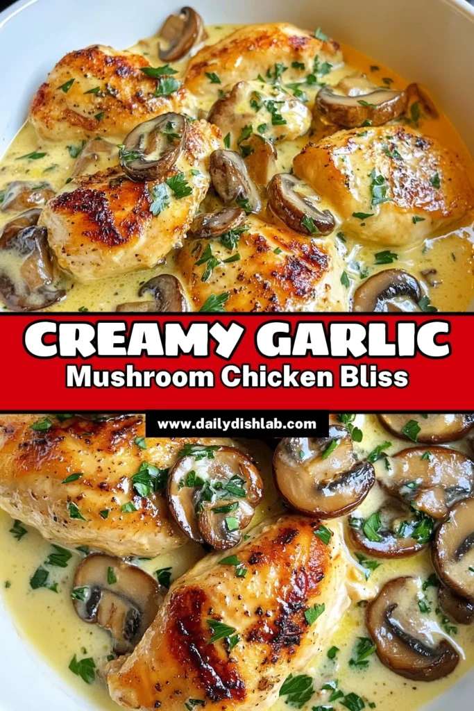 Indulge in this scrumptious creamy garlic mushroom chicken, the perfect easy chicken dinner recipe for busy weeknights! This one-pan chicken recipe features tender chicken breasts cooked to perfection in a rich garlic mushroom sauce, combining healthy chicken with mushrooms for a delightful meal. Enjoy gourmet dining at home in just 30 minutes! Save this recipe and impress your family tonight! #CreamyGarlicMushroomChicken #EasyDinner #OnePanRecipes #HealthyEating