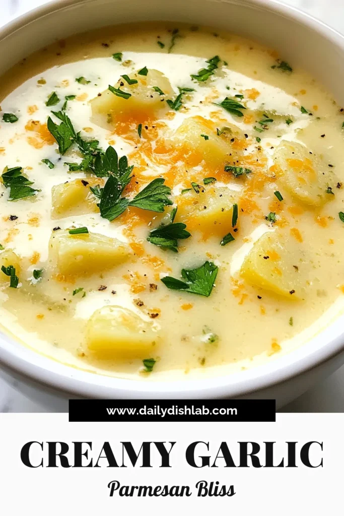 Discover the ultimate comfort food with this Creamy Garlic Parmesan Soup! This easy Parmesan soup recipe is a delightful vegetarian garlic soup that combines rich flavors with creamy goodness. Packed with potatoes and herbs, it's a must-try creamy soup with potatoes that everyone will love. Make this Garlic Parmesan Soup recipe for a cozy meal today! Save it for later and enjoy! #CreamyGarlicParmesanSoup #EasySoup #VegetarianRecipe #ComfortFood