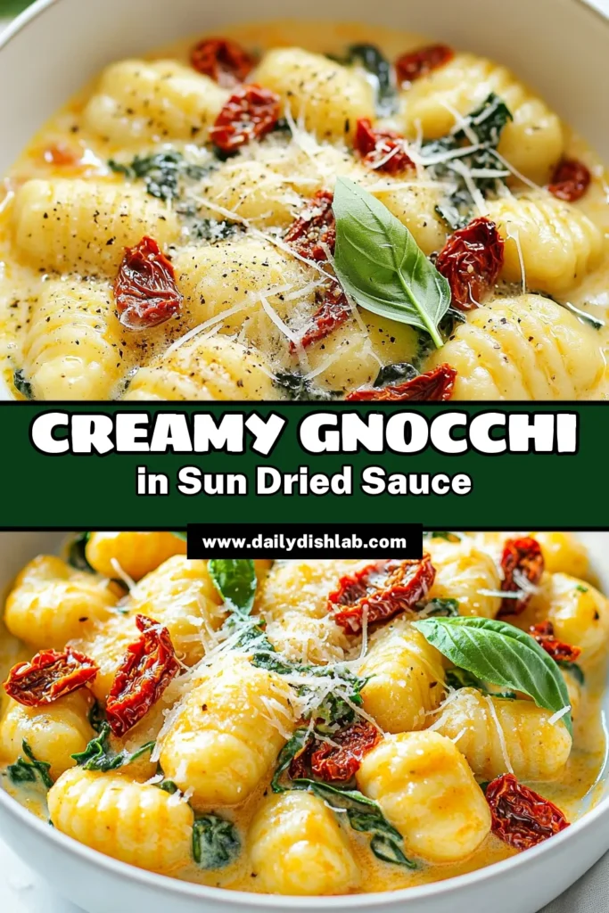 Indulge in this delicious creamy sun-dried tomato gnocchi, the ultimate vegetarian gnocchi dish that's perfect for dinner. This easy gnocchi recipe combines rich sun-dried tomato pasta with a luscious creamy sauce, spinach, and Parmesan cheese. Ready in just 20 minutes, it's a must-try for creamy pasta recipes lovers. Save this recipe for a delightful meal tonight! #GnocchiRecipe #SunDriedTomato #VegetarianDish #CreamyPasta