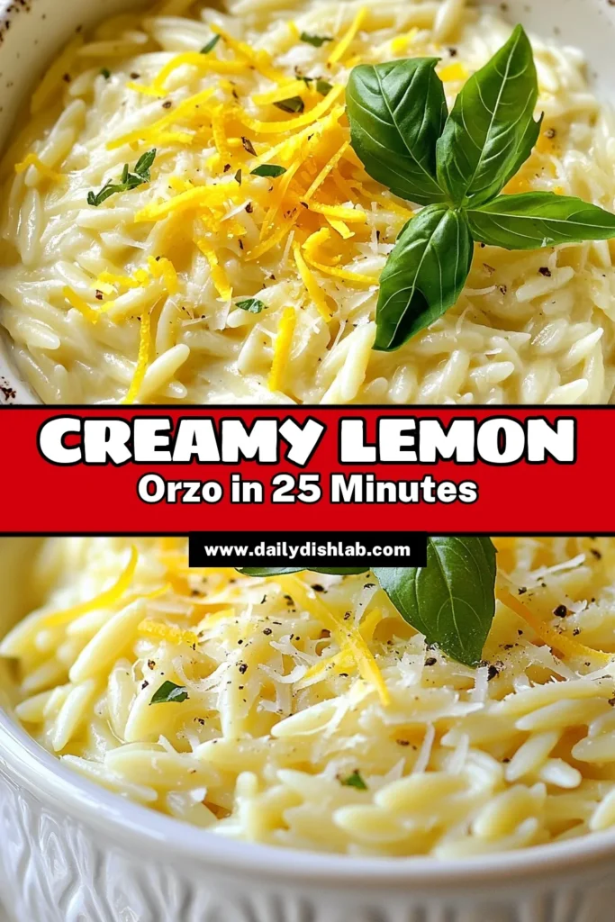 Indulge in this delightful lemon parmesan orzo recipe that combines creamy orzo pasta with zesty flavors for a quick orzo dish that's perfect for any occasion. This vegetarian lemon pasta is not only simple to make but is sure to impress your family and friends. Discover how to create this comforting creamy orzo pasta in just 25 minutes! Save this recipe for your next meal! #CreamyOrzo #LemonParmesanOrzo #QuickOrzoRecipes #VegetarianPasta