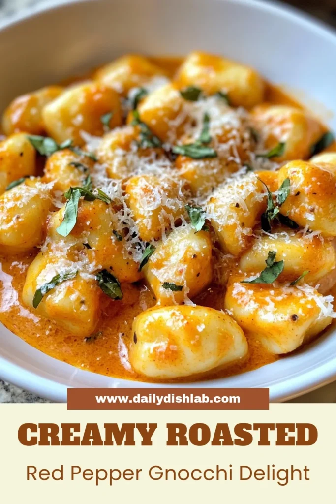 Savor the flavors of this creamy roasted red pepper gnocchi! This easy gnocchi recipe features tender gnocchi tossed in a luscious creamy sauce made from roasted red peppers, garlic, and Parmesan cheese. Perfect for a vegetarian gnocchi dinner that impresses! Try this roasted red pepper pasta recipe today and elevate your mealtime. Click to discover the full recipe and save it for later! #GnocchiRecipe #VegetarianDinner #PastaLovers #EasyDinnerIdeas