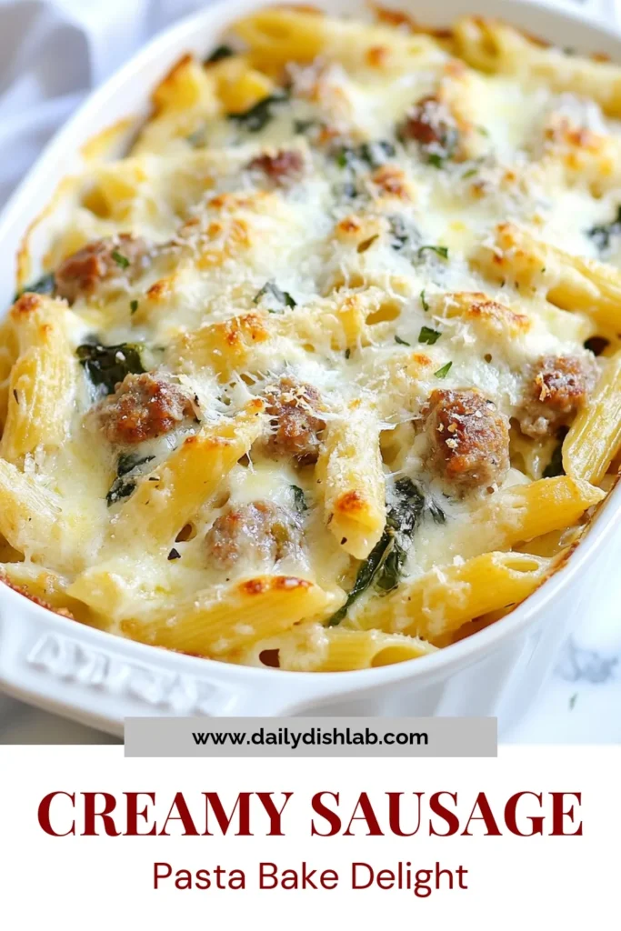 Indulge in this creamy sausage pasta bake that will elevate your weeknight dinners! This easy Italian sausage pasta recipe features baked penne pasta with sausage, loaded with flavors from garlic, spinach, and a mix of cheeses. Perfect for a cheesy pasta bake dinner, this dish is a crowd-pleaser that’s ready in just 45 minutes. Don’t miss out – save this recipe for your next family meal! #PastaBake #ItalianRecipes #SausageDinner #CheesyPasta