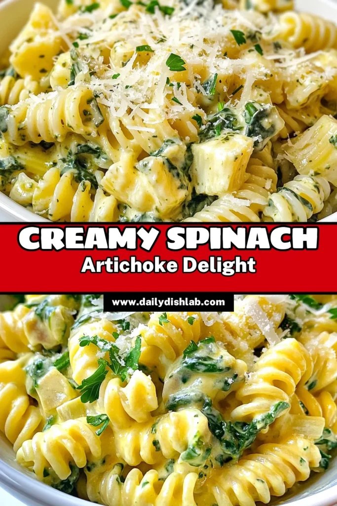 Savor the delicious flavors of this creamy spinach artichoke pasta—a perfect vegetarian pasta dish for comfort food lovers! This easy pasta recipe combines fresh spinach and artichokes in a creamy sauce, making it a must-try for homemade spinach pasta enthusiasts. Ready in just 25 minutes, it’s ideal for a quick weeknight dinner. Don’t forget to save this recipe for later! #PastaRecipes #Vegetarian #ComfortFood #SpinachArtichoke