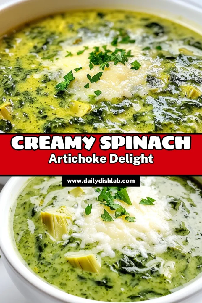 Indulge in this creamy spinach artichoke soup that's perfect for chilly days! Packed with fresh ingredients like spinach and artichokes, this simple recipe is both delicious and comforting. In just 40 minutes, you can create a warm bowl that’s sure to impress. Ready to enjoy a cozy meal? Click through for the full recipe and elevate your cooking game! #CreamySpinachArtichokeSoup #SoupLovers #HealthyRecipes #ComfortFood