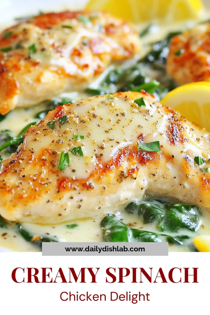 Looking for a delicious and easy chicken dinner? Try this creamy garlic chicken recipe! This spinach chicken dish is a delightful blend of tender chicken breasts, sautéed garlic, and fresh spinach, all enveloped in a rich cream sauce. Perfect for a quick weeknight meal, this garlic spinach recipe will become a family favorite. Save this skillet chicken with cream recipe for your next dinner! #CreamyGarlicChicken #EasyChickenDinner #SkilletChicken #GarlicSpinachRecipe