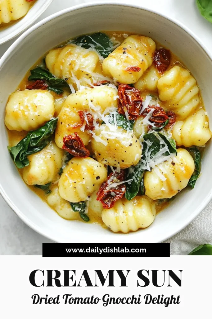 Indulge in this delicious creamy sun-dried tomato gnocchi, an easy gnocchi recipe that's perfect for busy weeknights. This one-pan pasta dish combines potato gnocchi with sun-dried tomatoes, spinach, and a rich cream sauce for a delightful vegetarian gnocchi dish. Ready in just 20 minutes, this recipe is a must-try! Save this pin and unlock the flavors! #SunDriedTomatoRecipes #EasyGnocchiRecipe #OnePanPasta #VegetarianGnocchiDish