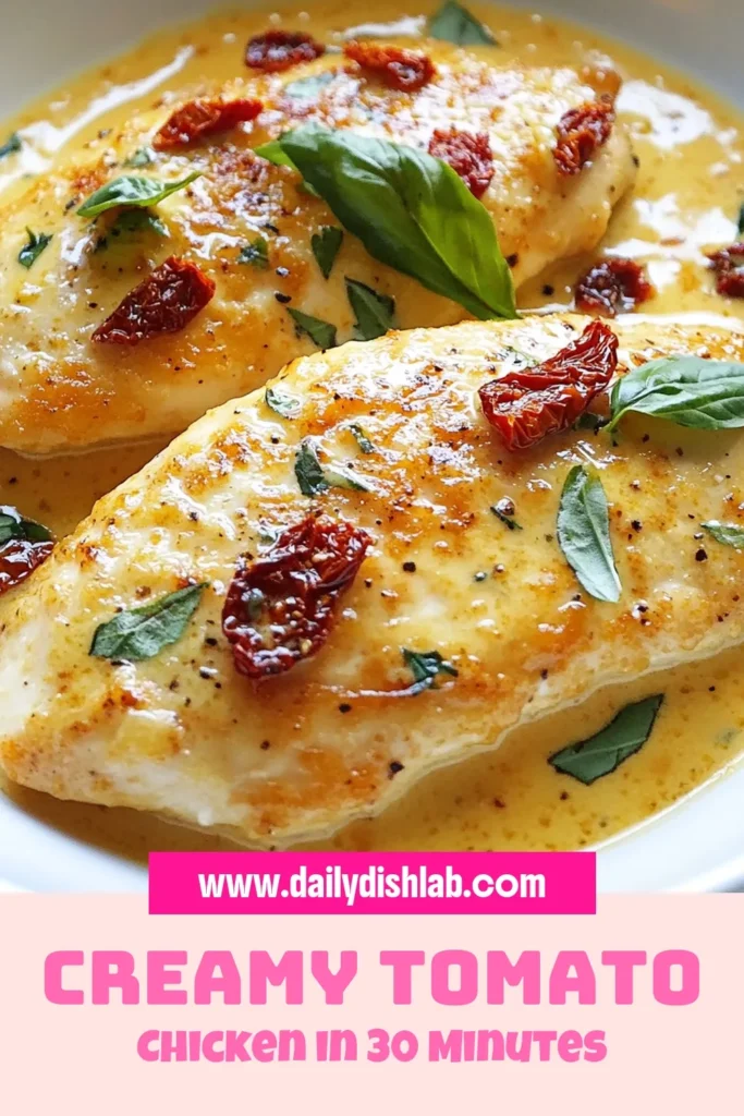 Indulge in this delicious Creamy Sun Dried Tomato Chicken, an easy chicken recipe perfect for dinner! This Italian chicken dish features chicken in a creamy sauce, bursting with flavor from sun dried tomatoes. Ready in just 30 minutes, it's a fantastic option for busy weeknights. Impress your family and friends with this incredible sun dried tomato recipe. Save it for your next meal! #EasyChickenRecipes #ItalianChickenDishes #SunDriedTomatoRecipes #CreamySauce