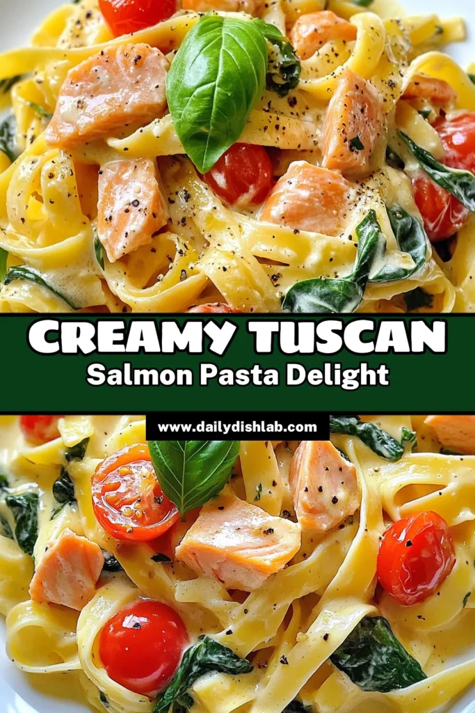 Indulge in the deliciousness of Creamy Tuscan Salmon Pasta, the ultimate Salmon Pasta Recipe you'll love. This Easy Creamy Pasta combines fettuccine with salmon, fresh spinach, and cherry tomatoes for a true Italian Salmon Dish. Perfect for any weeknight dinner, this 30-minute recipe is a quick and tasty way to impress family and friends. Try it tonight! Save now and savor later. #SalmonPastaRecipe #CreamyPasta #ItalianSalmonDish #EasyDinnerIdeas