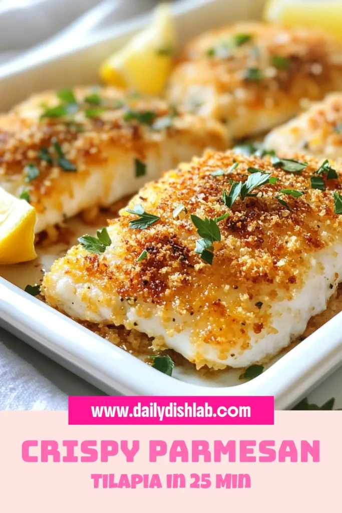 Looking for a quick and delicious dinner? Try this Parmesan crusted tilapia recipe! These baked tilapia fillets are coated in a crunchy panko crust, making for an easy tilapia dinner the whole family will love. With a hint of lemon and garlic, this panko crusted fish is not just tasty but also simple to prepare. Save this recipe now for a delightful meal tonight! #ParmesanCrustedTilapia #EasyDinner #PankoCrustedFish #LemonGarlicTilapia