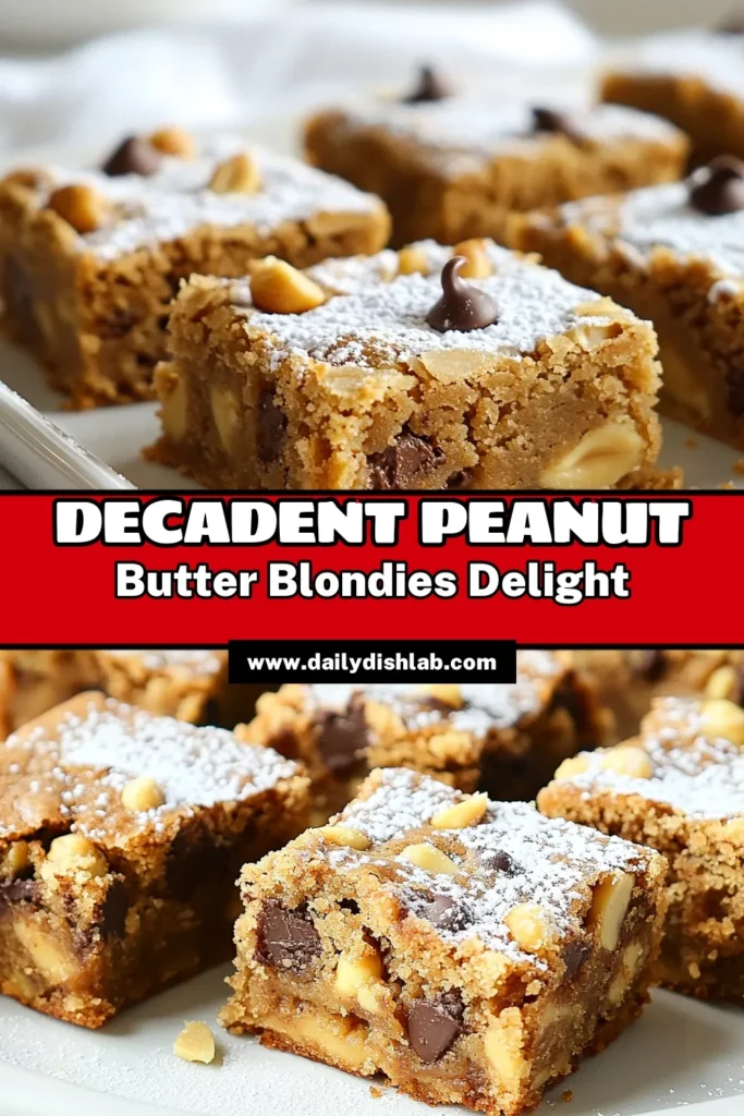 Looking for an easy and delicious dessert? Try these Peanut Butter Chocolate Chip Blondies! This homemade blondies recipe combines creamy peanut butter with chocolate chips for a delightful treat. Perfect as a snack or for your next gathering, these Peanut Butter Blondies are sure to impress! Follow our simple steps for a batch of Chocolate Chip Blondies that everyone will love. Save this easy blondie recipe for your next baking adventure! #PeanutButterBlondies #ChocolateChipBlondies #PeanutButterDesserts #EasyBlondieRecipe