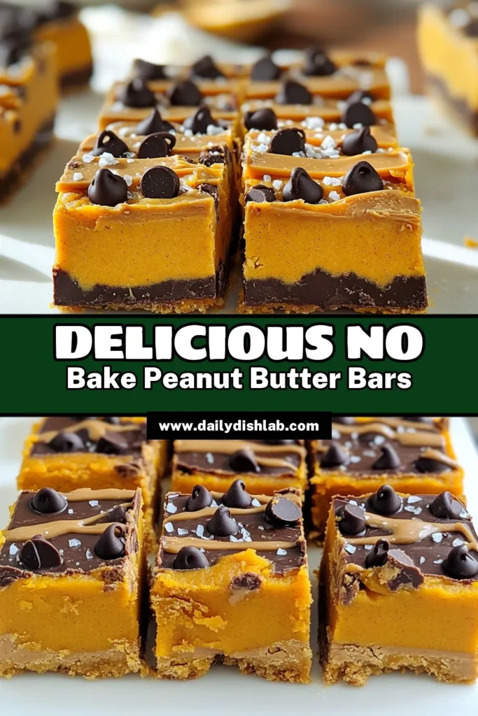 Indulge in the deliciousness of No Bake Peanut Butter Pumpkin Bars! These easy-to-make treats combine creamy peanut butter, pumpkin puree, and dark chocolate for a tasty dessert that's perfect for any occasion. With just 15 minutes of prep, you can whip up a batch that everyone will love. Ready to impress? Click through to discover the full recipe and enjoy these delightful bars! #NoBakeDesserts #PumpkinRecipes #HealthyTreats #PeanutButterLovers