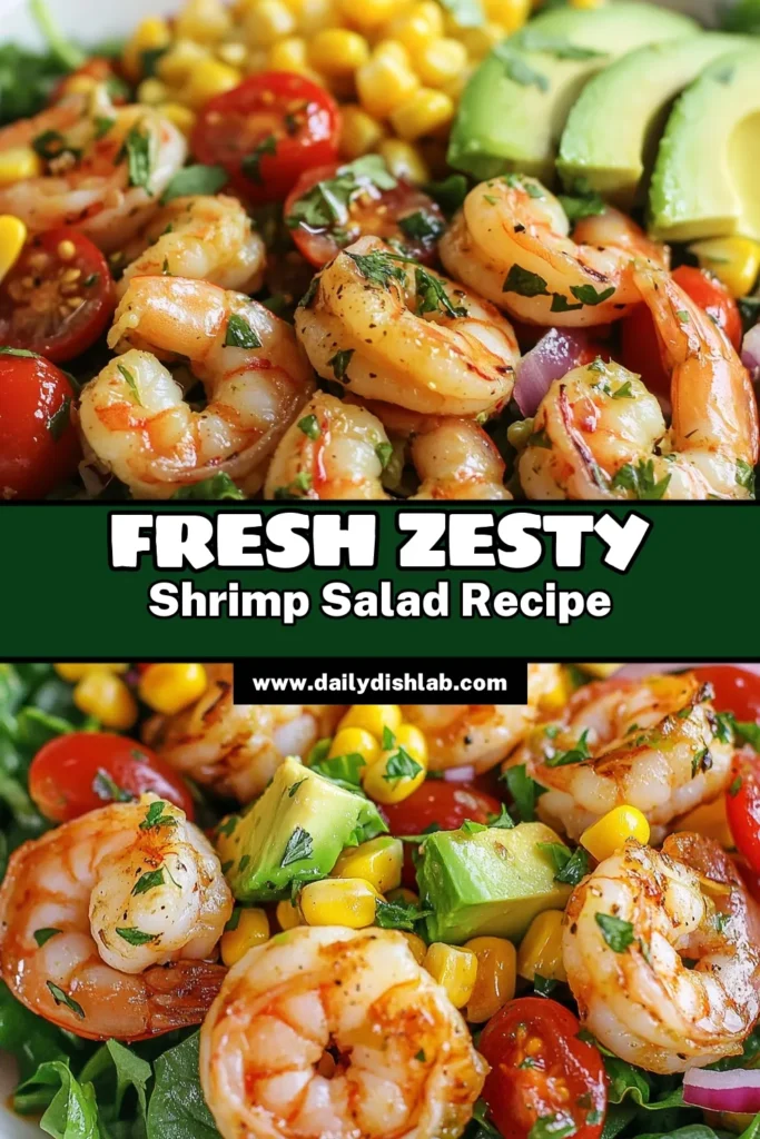 Enjoy a refreshing twist with this Zesty Lime Shrimp Salad! This shrimp salad recipe combines perfectly marinated shrimp, avocado, and vibrant greens, creating a healthy shrimp salad you'll love. Drizzled with a zesty lime dressing, this dish is not only delicious but also packed with nutrients. Perfect for summer or a light meal any time! Save this recipe for your next healthy meal! #ShrimpSaladRecipe #AvocadoShrimpSalad #HealthyShrimpSalad #LimeDressingShrimpSalad