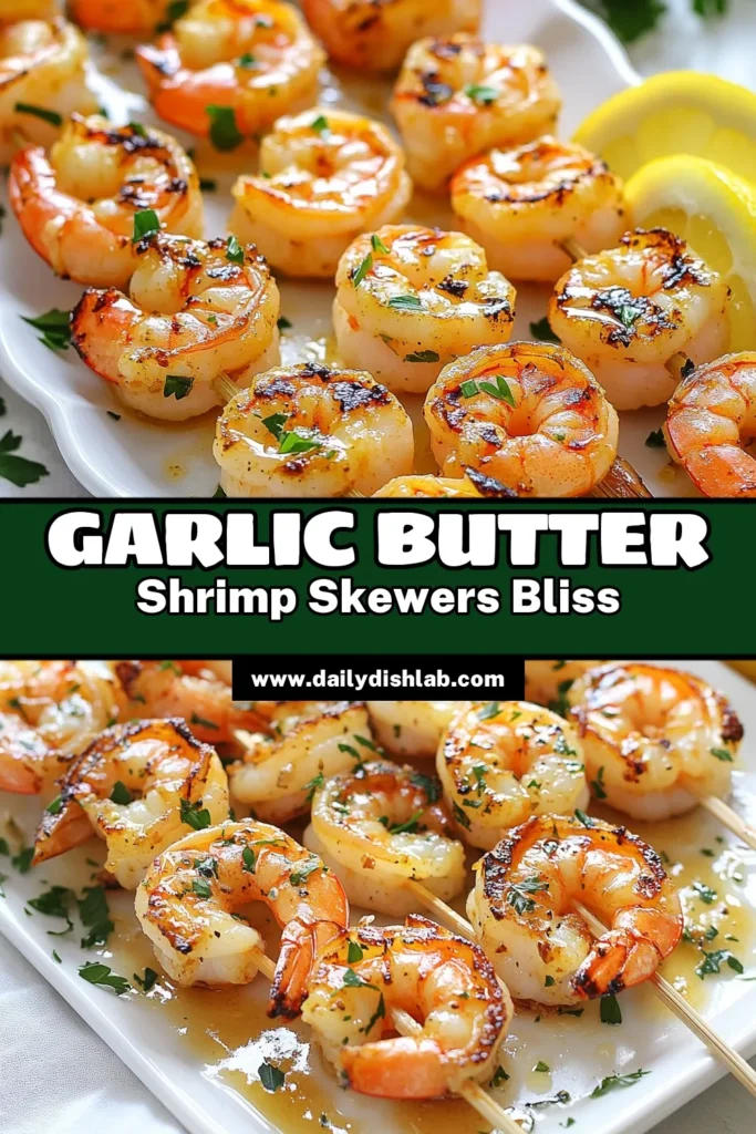 Savor the flavor with these Garlic Butter Shrimp Skewers, the perfect grilled shrimp recipe for any occasion! This easy shrimp skewers dish features a delicious garlic shrimp marinade that brings out the best in fresh shrimp. Great as a garlic shrimp appetizer, they’re sure to impress at your next gathering. Try this quick and simple recipe today! Save this pin for mouthwatering meals. #GarlicButterShrimpSkewers #GrilledShrimpRecipe #ShrimpMarinadeRecipe #EasyShrimpSkewers