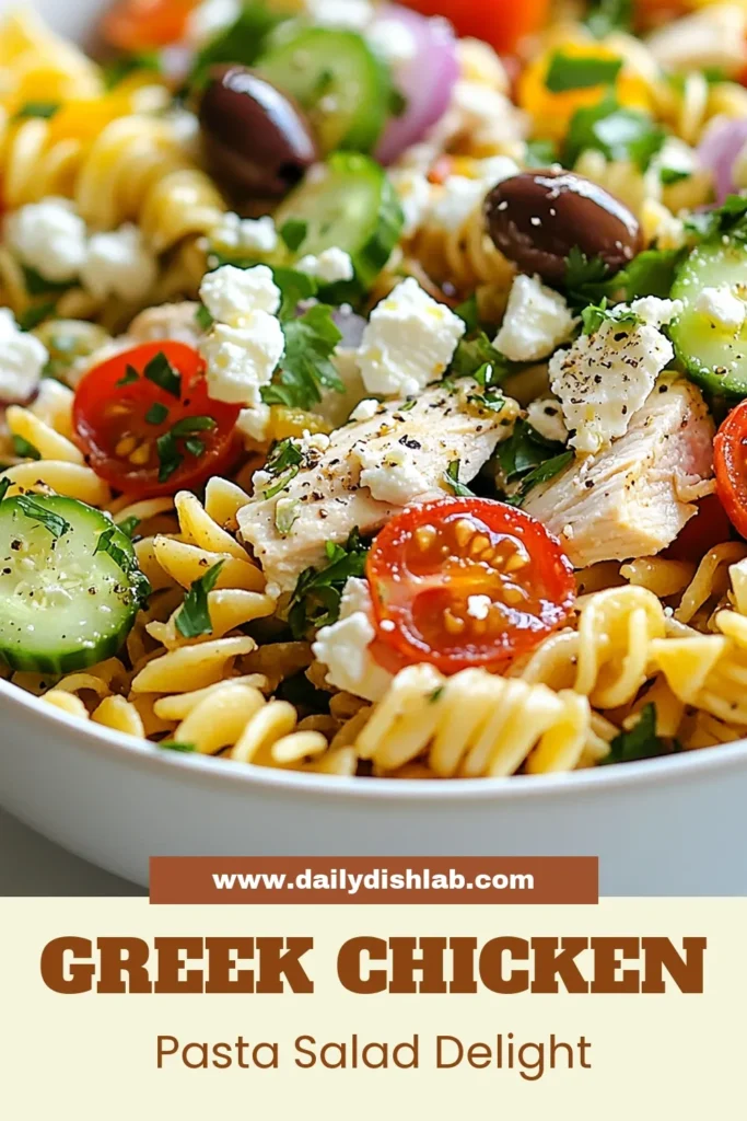 Elevate your summer meals with this Greek chicken pasta salad, a delicious Mediterranean pasta salad recipe perfect for warm days! Packed with healthy chicken salad with feta, fresh veggies, and rotini pasta salad with olives, this easy summer pasta salad is a must-try. Ready in just 45 minutes, it's ideal for gatherings or meal prep. Click to save this refreshing recipe! #GreekChickenPastaSalad #MediterraneanRecipe #HealthySalad #EasyPastaSalad