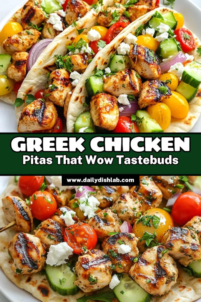 Discover the delicious flavors of Greek Chicken Souvlaki Pitas with our easy souvlaki recipe! This chicken pita recipe features grilled chicken skewers marinated in tangy spices, perfectly paired with fresh veggies and creamy Greek yogurt. Ideal for a quick weeknight meal or a Mediterranean feast, you'll love this grilled chicken dish. Try it today and elevate your dinner! Save this Mediterranean chicken recipe for later! #GreekChickenSouvlaki #ChickenPitaRecipe #EasySouvlakiRecipe #GrilledChickenSkewers