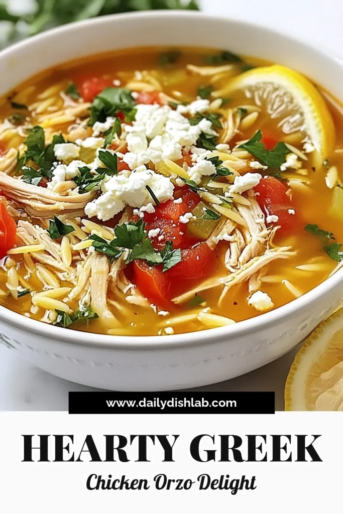 Looking for a comforting dish? Try this Greek Chicken Orzo Soup! This healthy chicken orzo recipe combines tender chicken, fresh vegetables, and flavorful orzo for a hearty Mediterranean chicken soup. Perfect for quick weeknight meals, this Greek chicken soup will satisfy everyone at your table. Save this quick Greek recipe for later and enjoy a taste of Greece with every bite! #GreekChickenSoup #OrzoSoupRecipe #HealthyChickenOrzo #MediterraneanChickenSoup