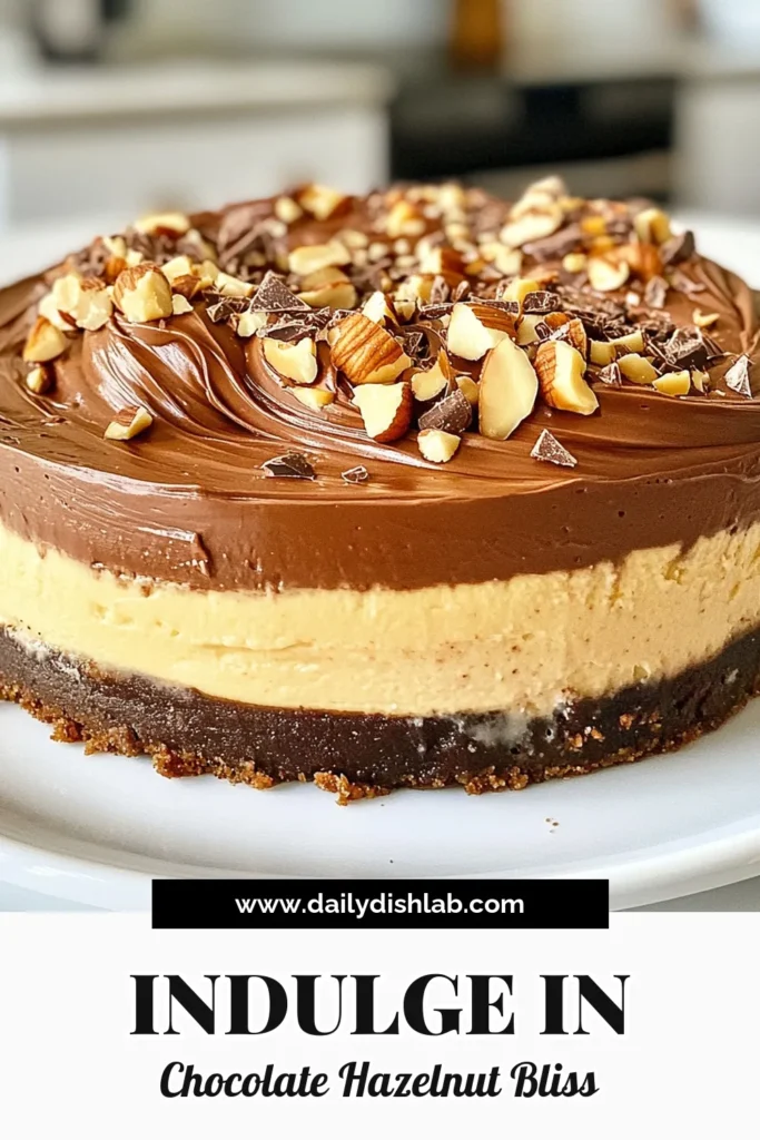 Indulge in the rich flavors of this Chocolate Hazelnut Cheesecake, a delightful Nutella Cheesecake Recipe perfect for any occasion. This easy cheesecake with hazelnuts combines a creamy filling with a buttery graham cracker crust, creating a no-bake hazelnut dessert that’s sure to impress. Treat yourself and your guests to this luxurious cream cheese chocolate cake that’s simple to make. Save this recipe for your next gathering! #ChocolateHazelnutCheesecake #NutellaCheesecake #EasyDesserts #NoBakeDesserts