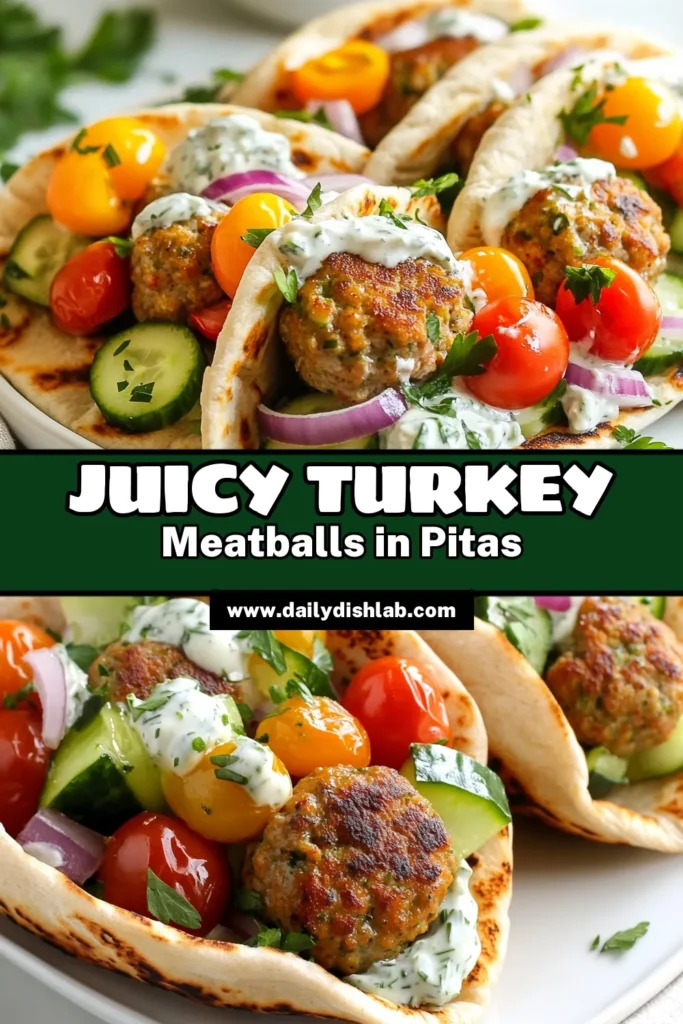 Looking for a delicious meal? Try these Mediterranean turkey meatball pitas! Packed with juicy Mediterranean turkey meatballs, fresh veggies, and a tasty tzatziki sauce recipe, this dish is a must-try in your healthy turkey recipes collection. Enjoy these easy whole wheat pita recipes that everyone will love. Perfect for meal prep or family dinners. Save this recipe for your next cooking adventure! #TurkeyMeatballs #HealthyRecipes #MediterraneanFood #PitaRecipes