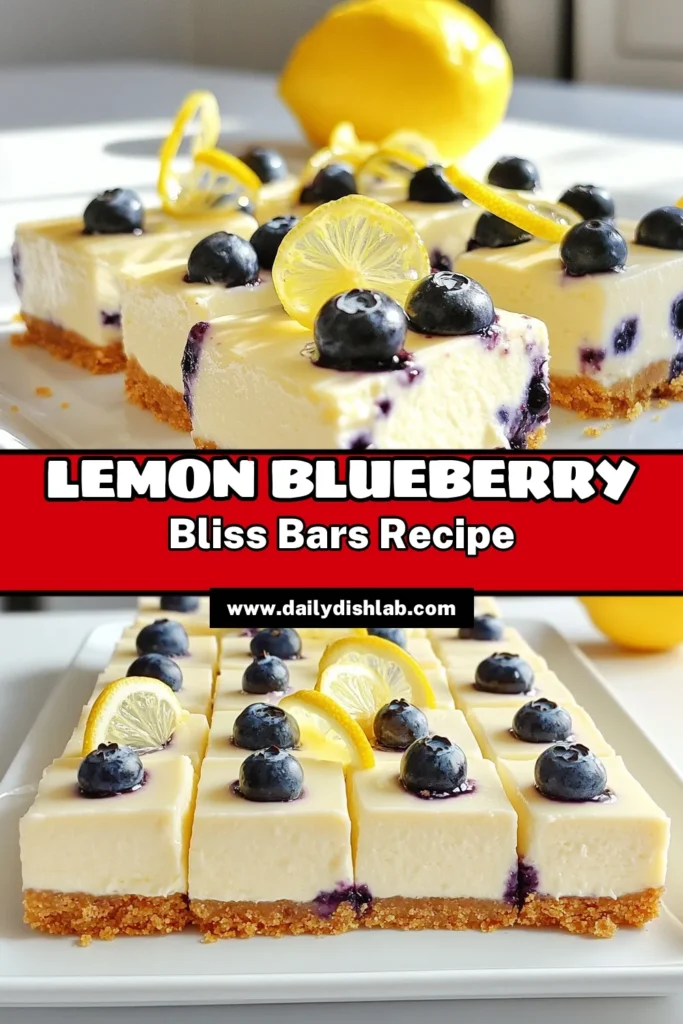 Indulge in the perfect dessert with these Lemon Blueberry Cheesecake Bars! With a buttery graham cracker crust, creamy cheesecake filling, and bursts of fresh blueberries, this easy recipe is sure to impress. From prep to chill, it only takes a few hours to create a delightful treat that’s perfect for any occasion. Click through to get the full recipe and make these refreshing bars today! #CheesecakeBars #LemonBlueberry #DessertRecipes #BakingJoy