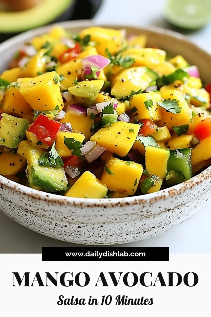 Get ready to impress your guests with this tropical mango avocado salsa! This fresh salsa recipe is perfect for parties, featuring the perfect blend of ripe mango, creamy avocado, and zesty lime. Enjoy this easy salsa for parties that pairs beautifully with tortilla chips or as a delightful topping for grilled fish or chicken. Try our avocado salsa with lime and mango salsa with cilantro today! Save this recipe for your next gathering! #MangoSalsa #FreshSalsa #EasySalsa #AvocadoSalsa