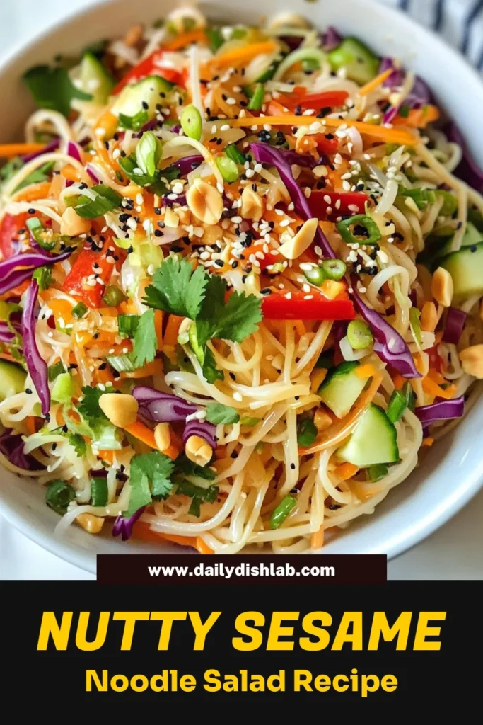 Discover the deliciousness of Sesame Peanut Noodle Salad, a vibrant rice noodle salad recipe packed with fresh veggies and a creamy vegan peanut sauce. This healthy Asian salad is perfect for warm days, serving as a refreshing cold noodle salad recipe. You'll enjoy a medley of flavors in just 15 minutes of prep time! Save this recipe for a quick and nutritious meal that everyone will love. Try it today! #VeganRecipes #HealthyEats #NoodleSalad #AsianCuisine