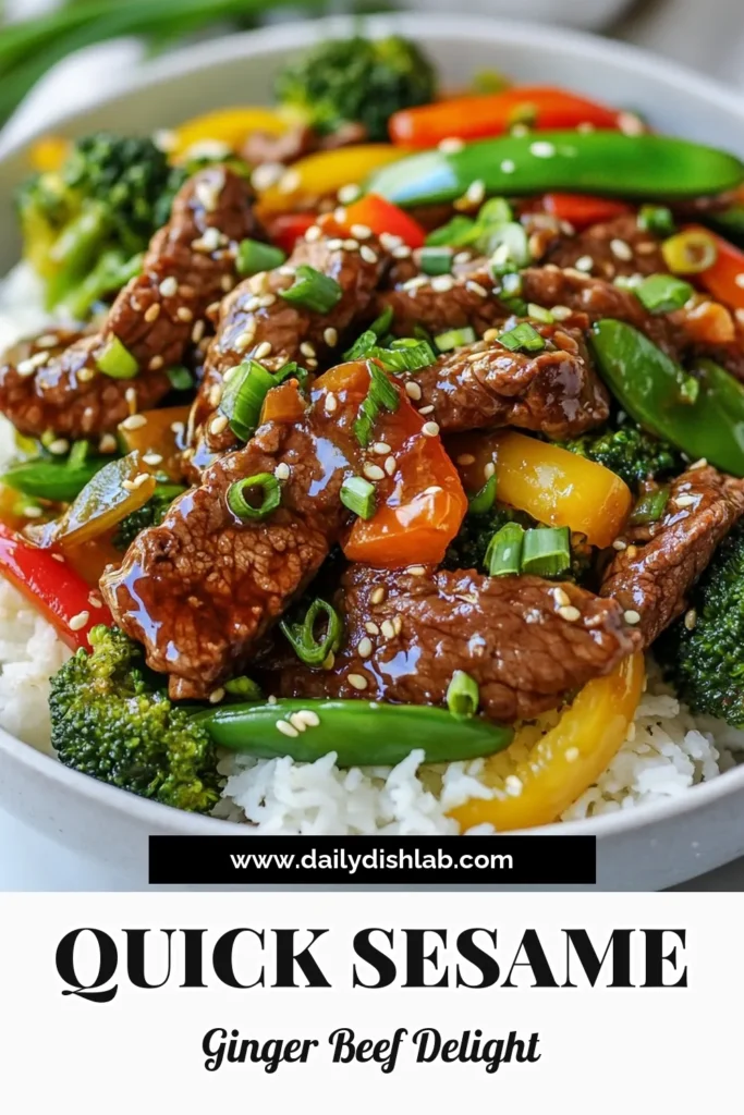 Discover this delicious Sesame Ginger Beef Stir Fry, the perfect easy beef stir fry recipe for a quick dinner! Packed with healthy stir fry vegetables like broccoli, bell pepper, and snap peas, this beef sirloin stir fry is both nourishing and flavorful. Ready in just 30 minutes, it’s a great weeknight meal option. Save this recipe and elevate your dinner table! #SesameGingerBeef #BeefStirFry #HealthyDinner #QuickRecipes