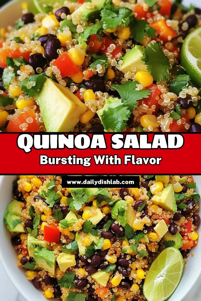 Discover the vibrant flavors of this Southwest Quinoa Salad, a must-try for anyone seeking healthy quinoa recipes. Packed with black beans and fresh veggies, this vegetarian salad recipe is not only delicious but also a quick quinoa salad recipe to whip up in no time. Perfect for meal prep or a light lunch, this dish will leave you feeling satisfied and energized. Save this recipe now for a nutritious meal that bursts with southwest flair! #HealthyEating #QuinoaSalad #VegetarianRecipes #MealPrepIdeas