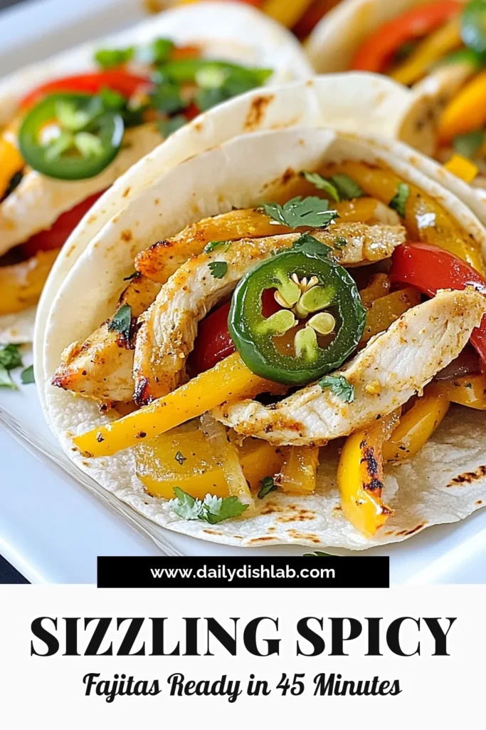 Spice up your dinner with these delicious spicy chicken fajitas! This easy fajita recipe features succulent jalapeño lime chicken, marinated to perfection and sautéed with vibrant veggies. Perfect for a healthy chicken fajitas night, this Mexican chicken dinner is sure to impress. Enjoy in warm tortillas with your favorite toppings! Try this recipe tonight and savor the flavors! #SpicyChickenFajitas #JalapeñoLimeChicken #HealthyFajitas #MexicanDinner