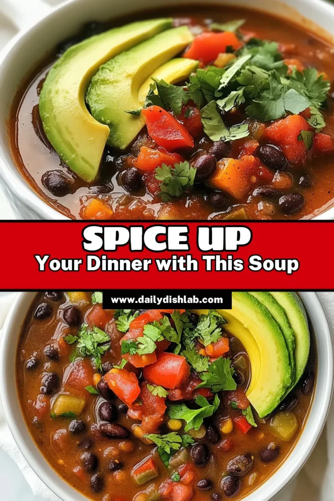 Looking for a delicious and healthy soup recipe? Try this Spicy Black Bean Soup! This vegetarian black bean soup is loaded with flavor and nutrients, making it perfect for any meal. Plus, it's an easy black bean soup that’s gluten-free! Whip it up in just 40 minutes and garnish with fresh cilantro and avocado for extra flair. Save this recipe for a comforting dish that everyone will love! #SpicyBlackBeanSoup #HealthySoupRecipes #GlutenFree #EasyBlackBeanSoup