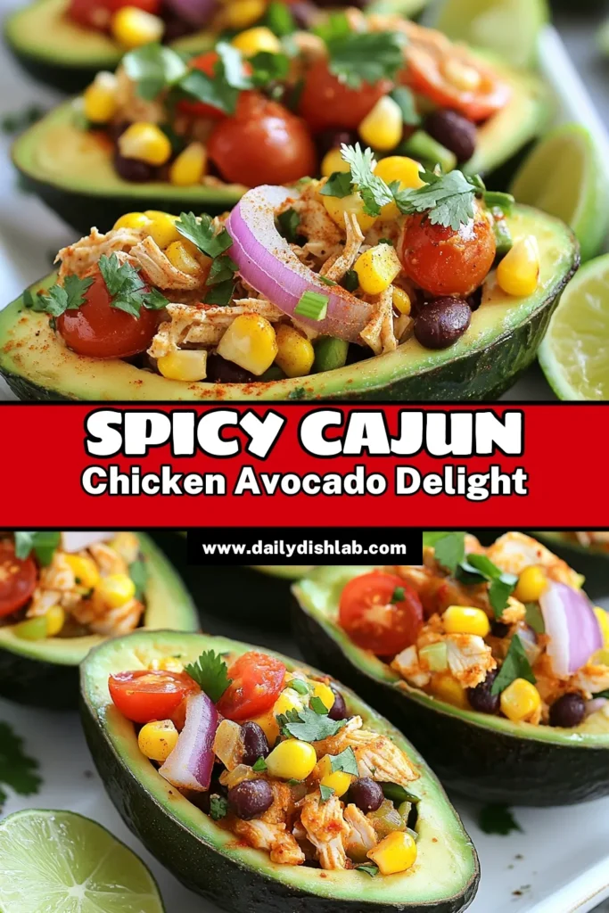 Discover how to make Cajun chicken stuffed avocados for a delicious and healthy meal! This easy avocado recipe combines juicy shredded chicken seasoned with Cajun spices, vibrant veggies, and creamy avocado for a satisfying dish. Perfect for lunch or dinner, these healthy stuffed avocados are packed with flavor. Try this Cajun seasoning chicken recipe today! Don’t forget to save for later! #CajunChicken #StuffedAvocados #HealthyRecipes #AvocadoChickenSalad