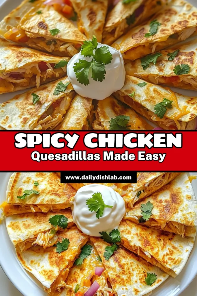 Indulge in these spicy chicken quesadillas bursting with flavor! This easy chipotle chicken recipe features savory quesadilla filling made from shredded chicken, cheese, and colorful peppers. Perfect for a quick meal, these cheesy quesadillas with peppers are a crowd-pleaser. Don't miss out on this delightful dish—save this recipe for your next family dinner! #SpicyChickenQuesadillas #ChipotleChickenRecipe #CheesyQuesadillas #EasyChickenQuesadillaRecipe