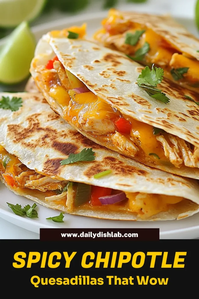 Savor the flavor with these Spicy Chipotle Chicken Quesadillas! This chicken quesadillas recipe combines shredded chicken with a kick of chipotle, creamy cheese, and colorful veggies for an easy dinner that everyone will love. Perfect for busy nights, these spicy tortilla recipes will become your go-to. Try this quick dinner idea and enjoy a cheesy, satisfying meal tonight. Save this recipe for a delicious weeknight treat! #SpicyChicken #Quesadillas #DinnerIdeas #RecipeShare